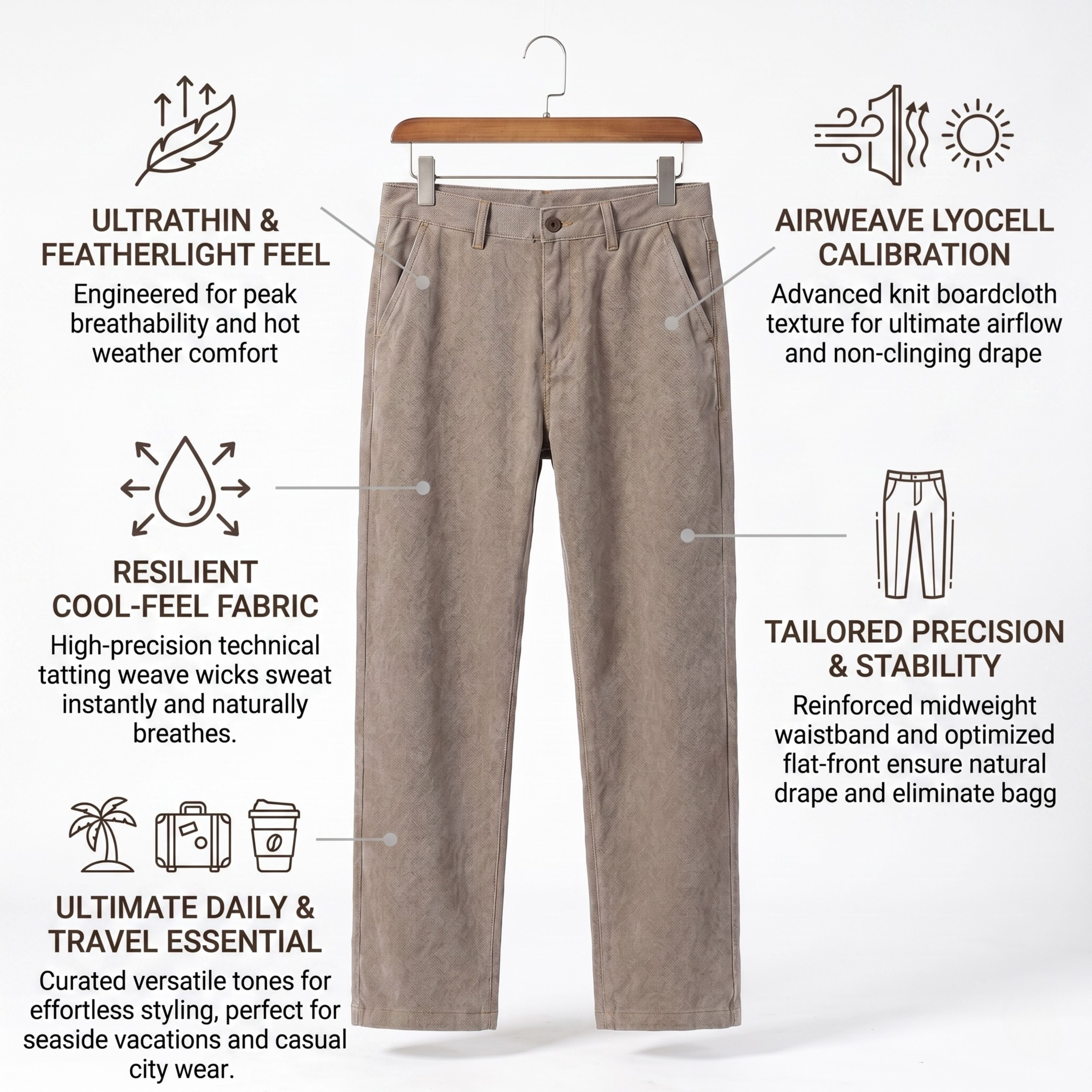 Product blueprint diagram highlighting the ultrathin featherlight feel, cool-feel fabric texture, travel-ready versatility, and tailored flat front stability