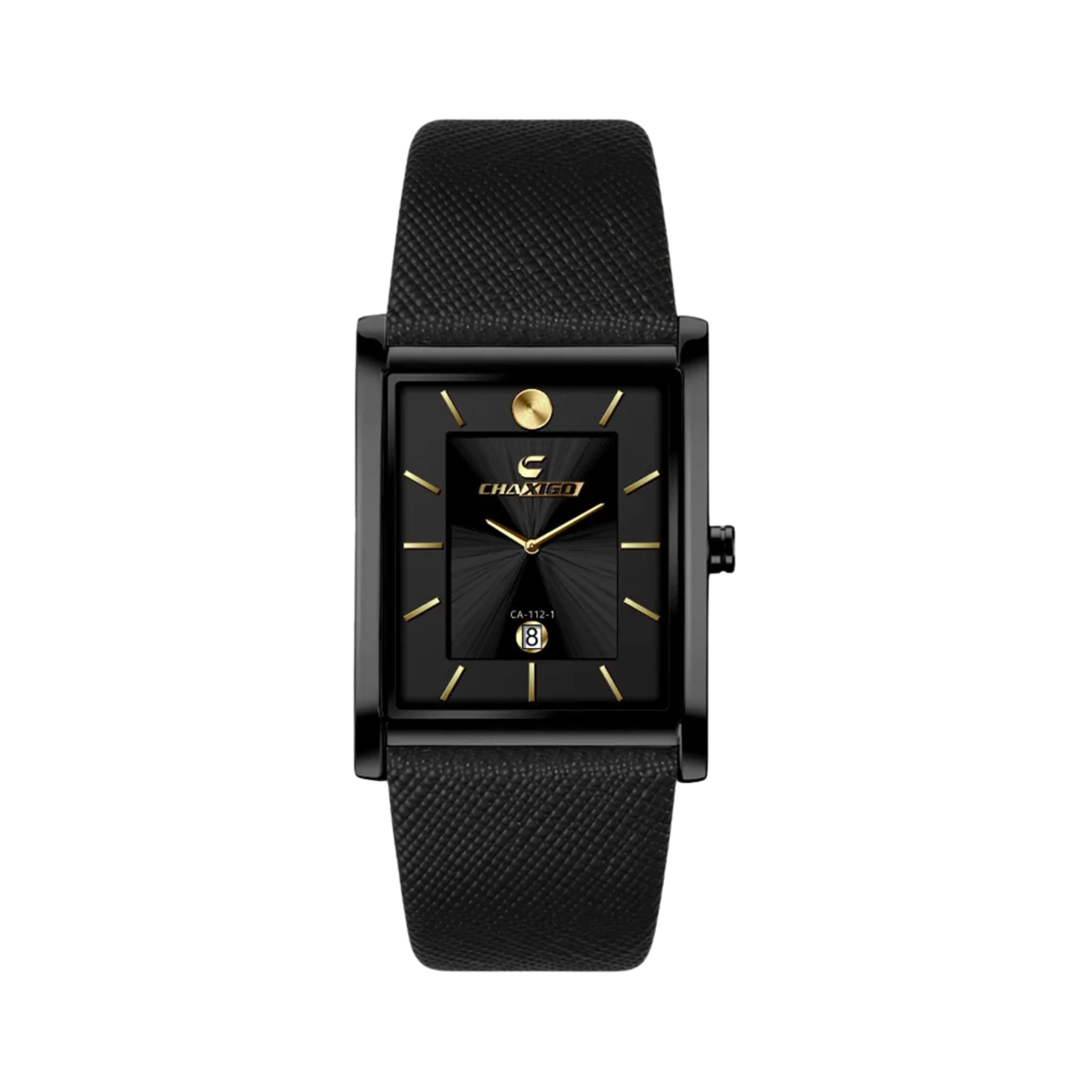 Sleek all-black men's rectangular watch featuring a black case, black dial with diamond accent, and black leather strap.