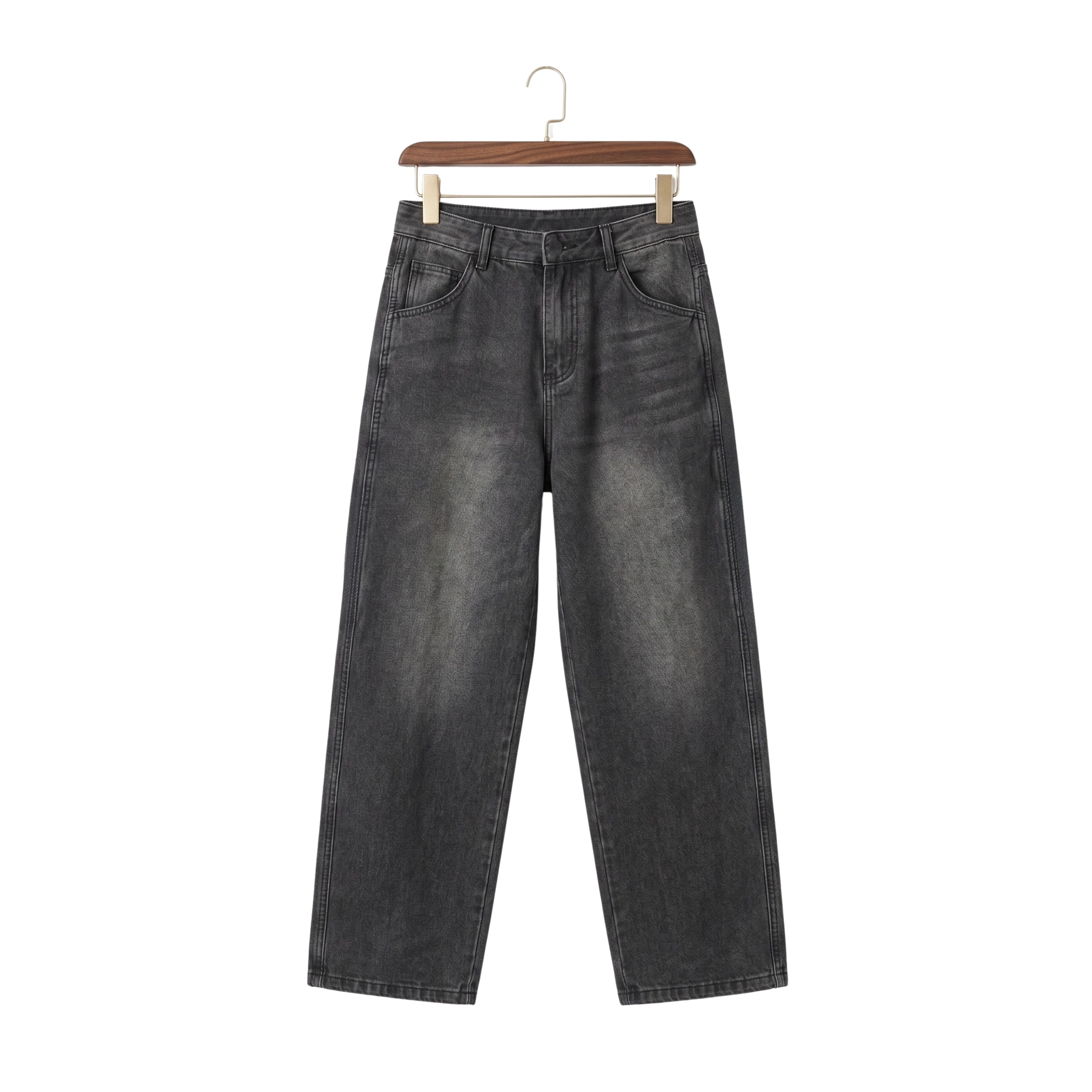 Front studio view of men's pleated micro flared jeans in a vintage dark gray washed denim on a wooden hanger