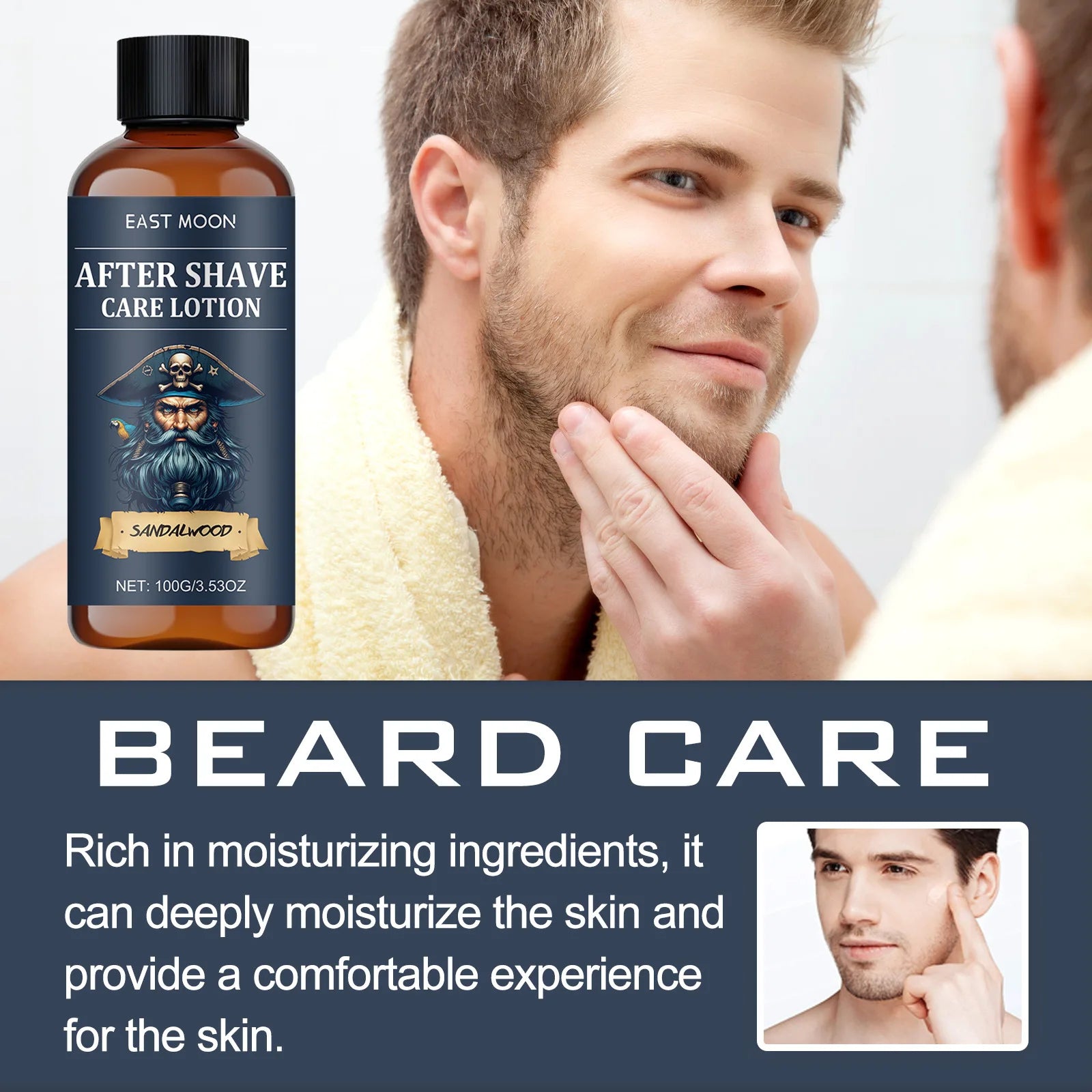 Man looking in a bathroom mirror examining his smooth stubble after using East Moon beard care aftershave