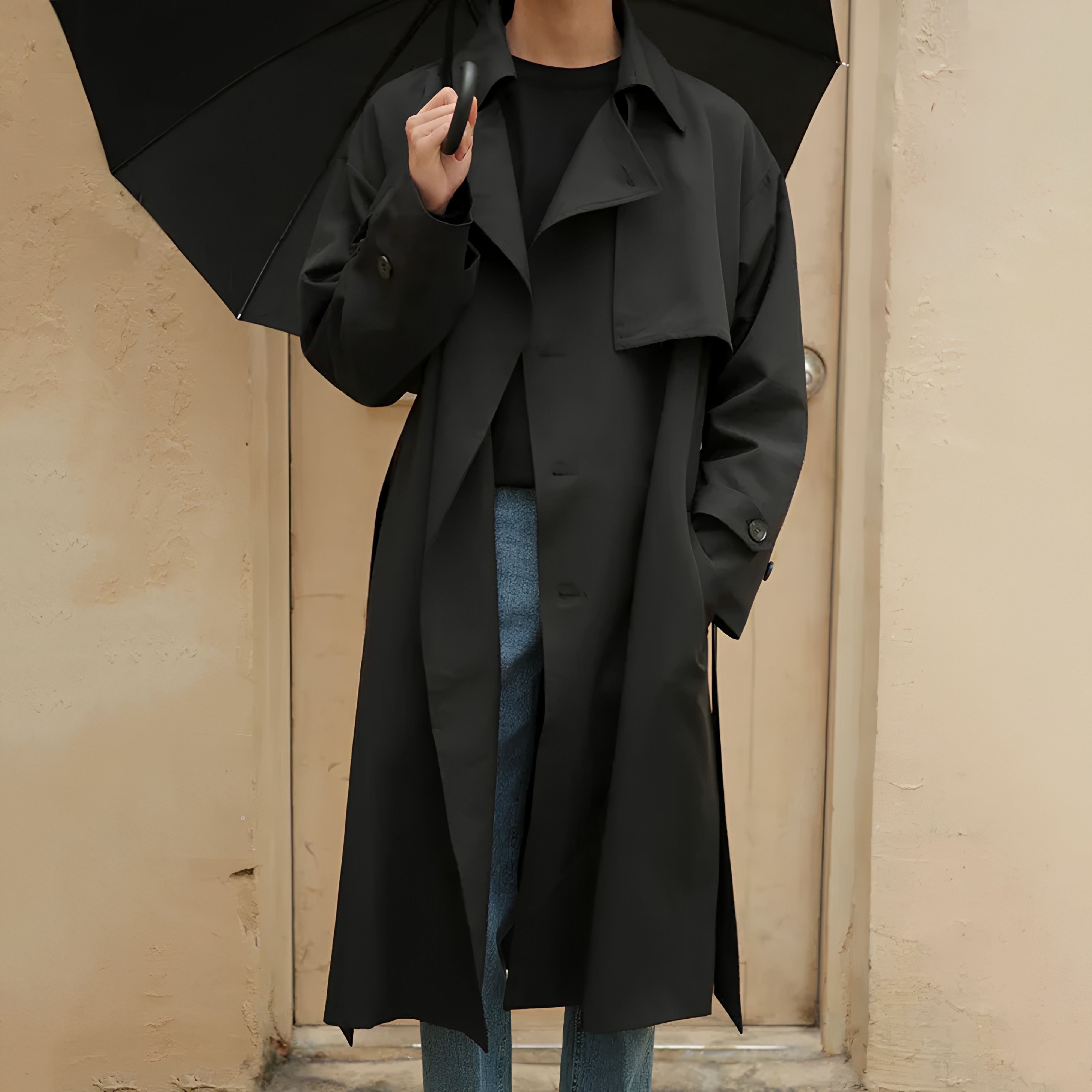 Man with umbrella wearing black windproof business style trench coat city essential look