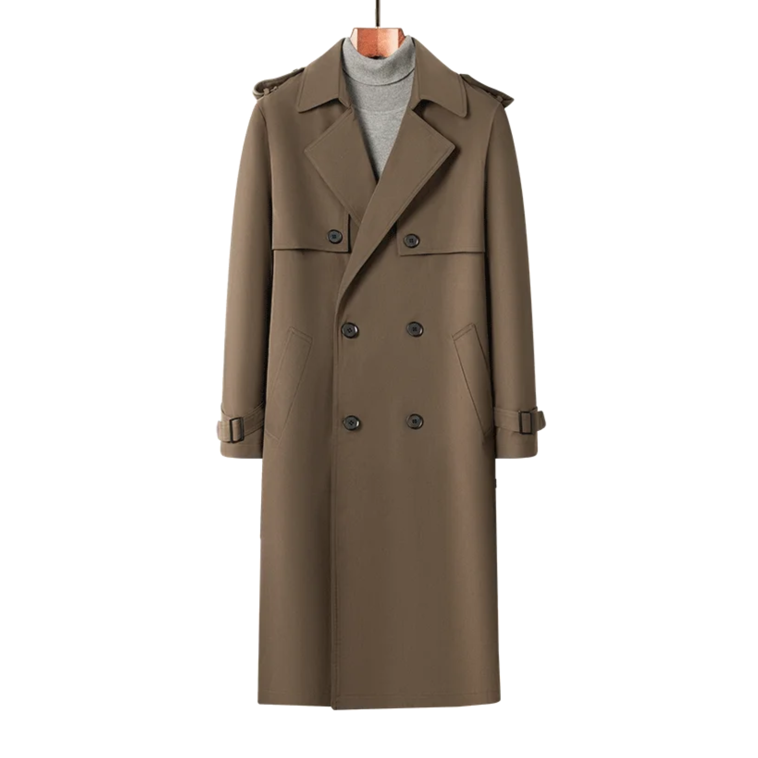 Front view of men's extended length trench coat in camel brown business style