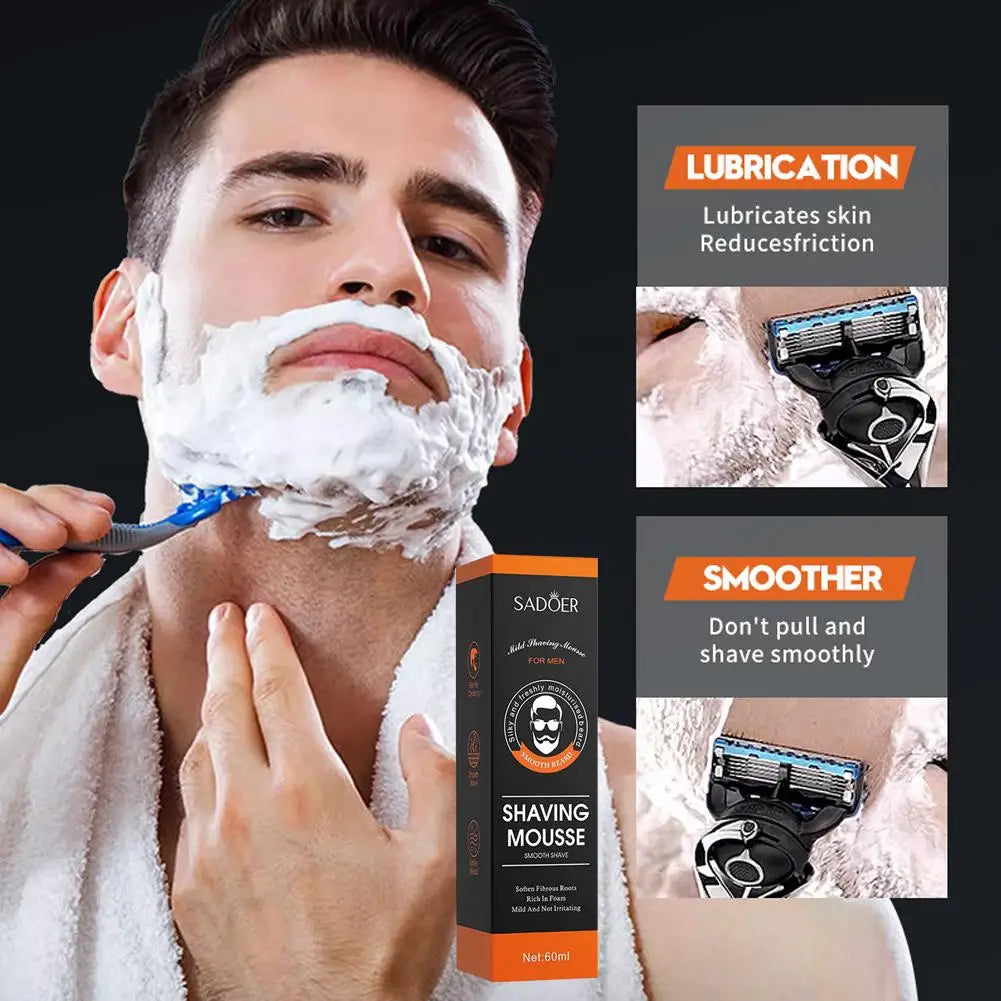 Man using a razor with text callouts emphasizing the high lubrication and smooth blade glide of Sadoer shaving mousse