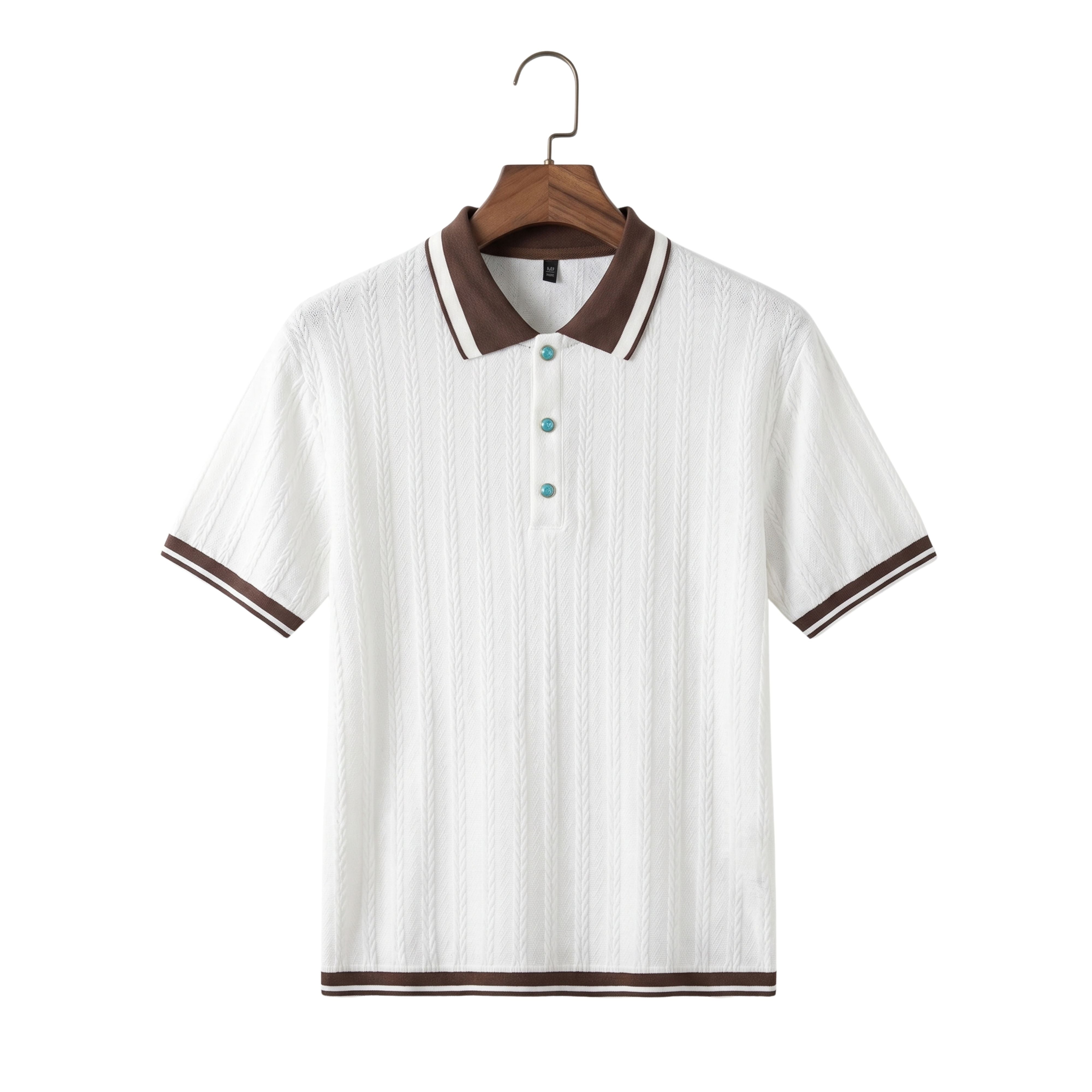 Front studio view of a men's retro geometric regular fit jacquard polo shirt in solid white and brown trim