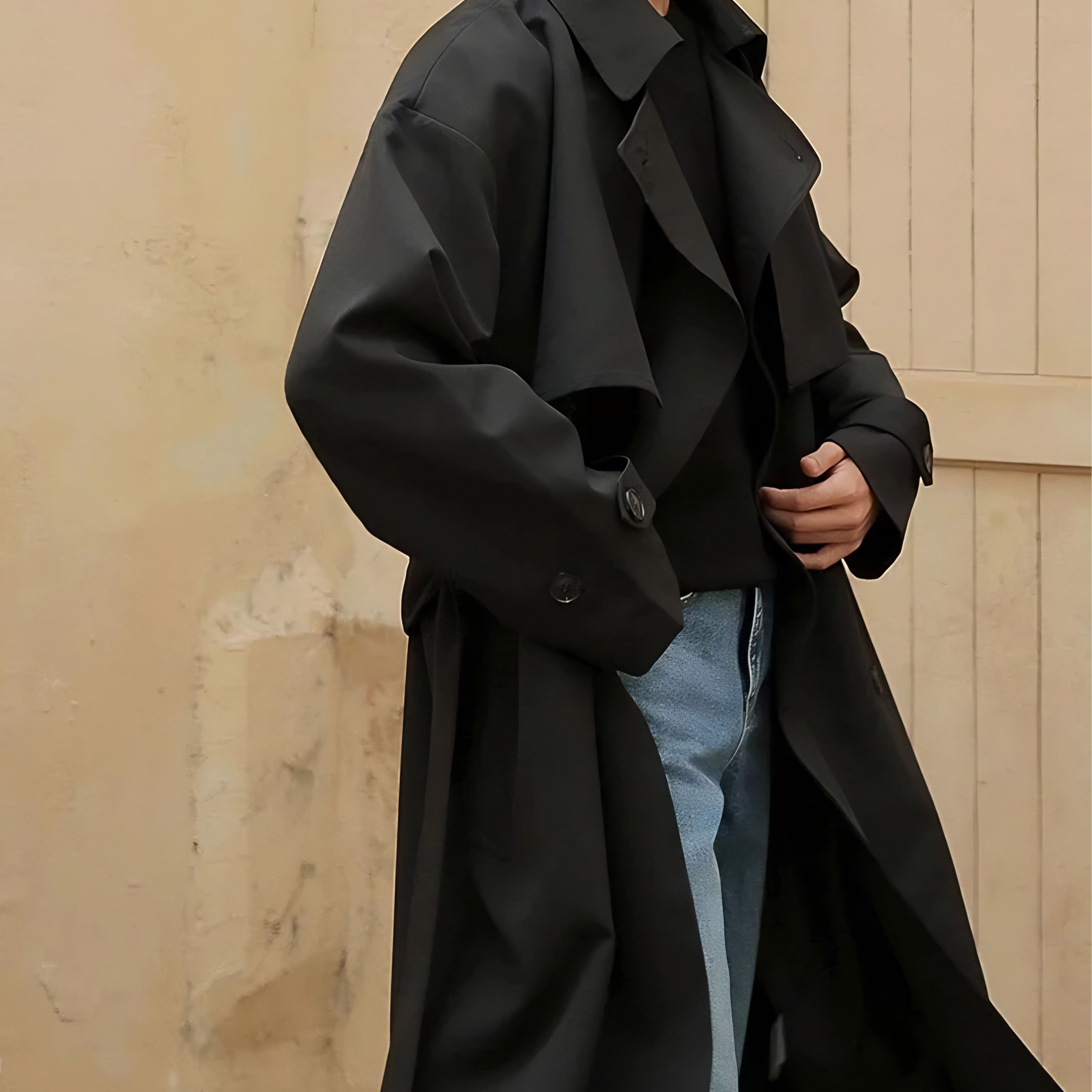 Side view of men's drop shoulder trench coat tailored silhouette autumn apparel