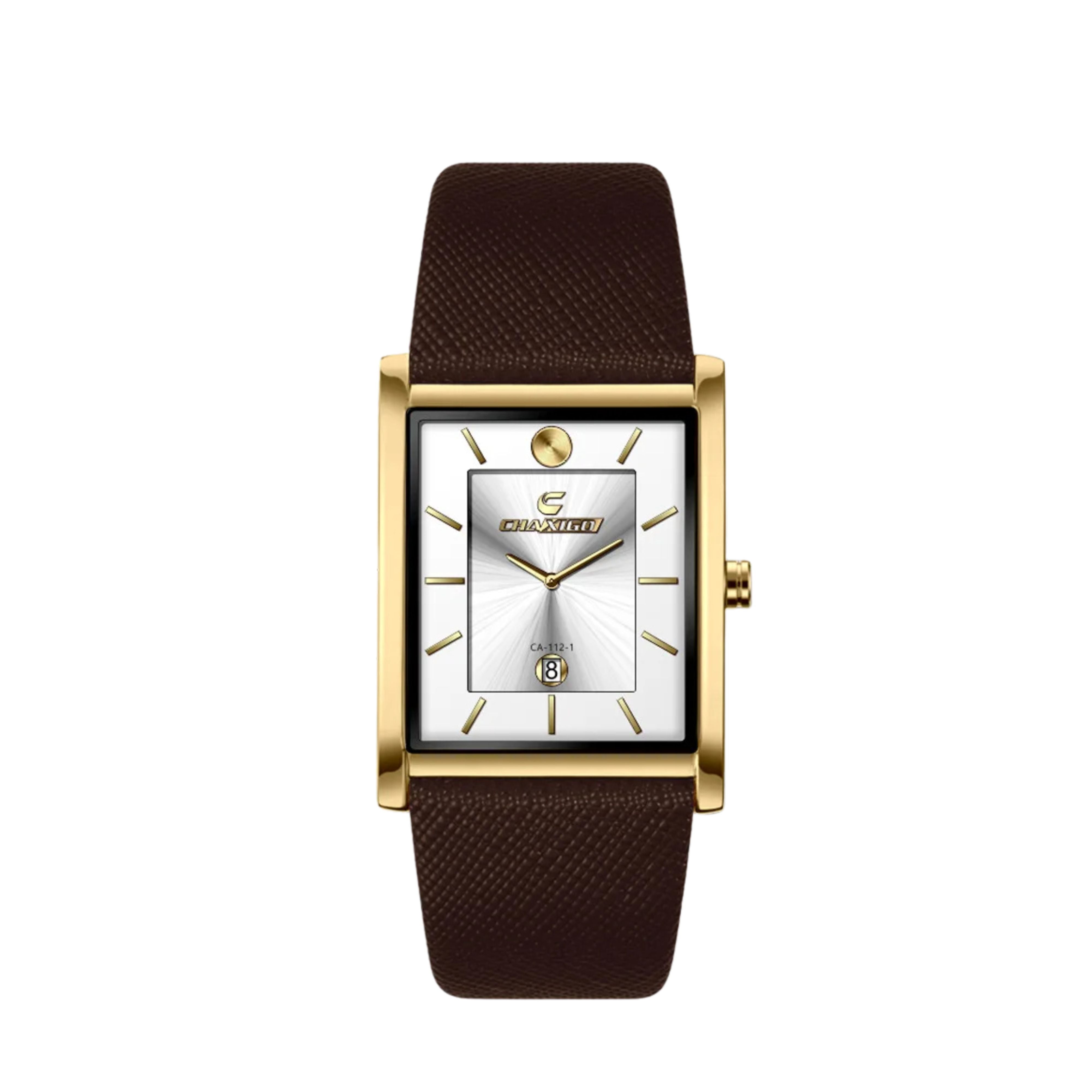 Men's gold tank style watch with a crisp white dial, date window, and dark brown leather strap.
