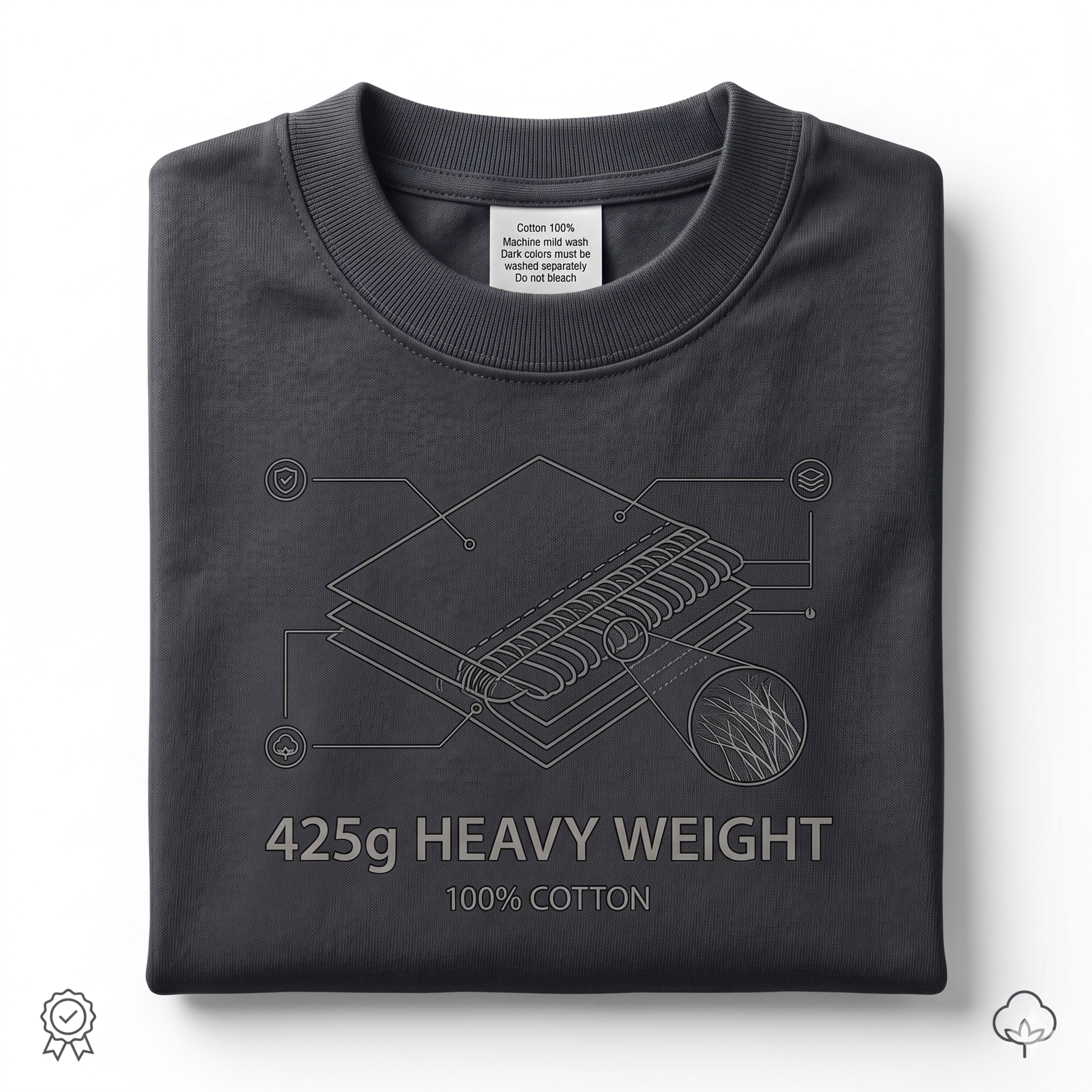 A folded dark grey t-shirt showing a clean architectural scale drawing graphic labeled 425g HEAVY WEIGHT 100% COTTON