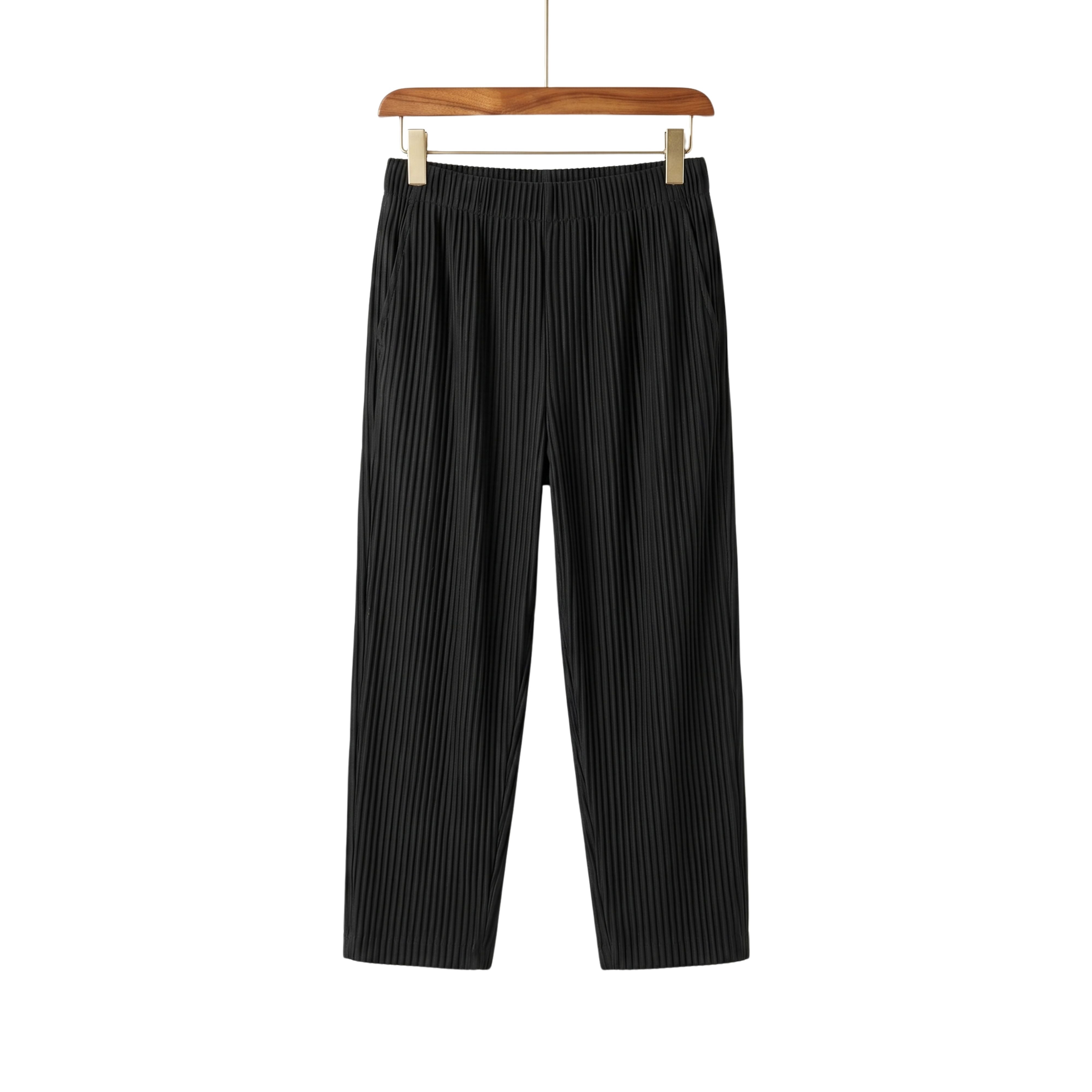 Front studio view of men's Korean style loose pleated casual pants in solid black on a wooden hanger