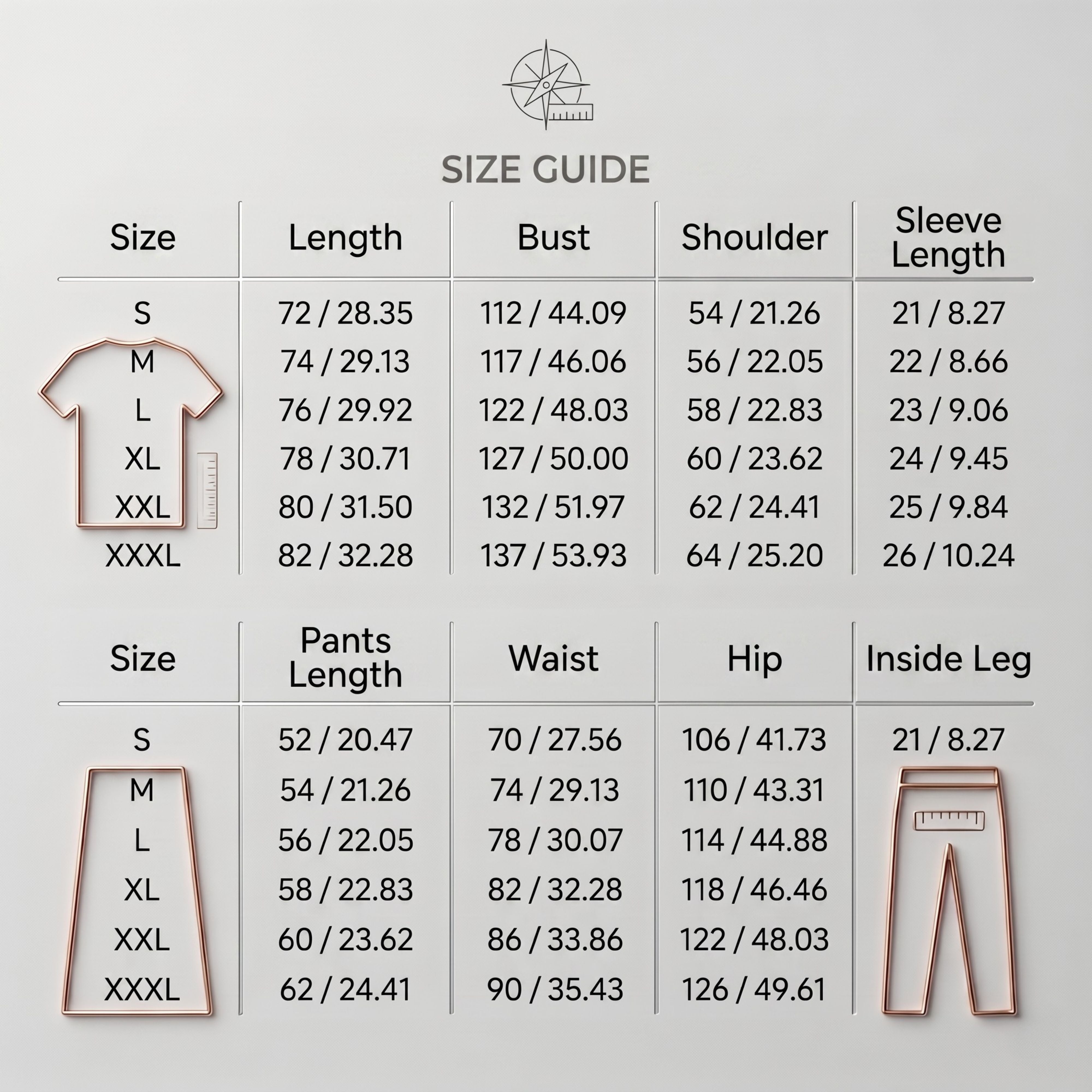An e-commerce size guide table displaying technical measurement specifications for the T-shirt length, bust, waist size, and hip circumference