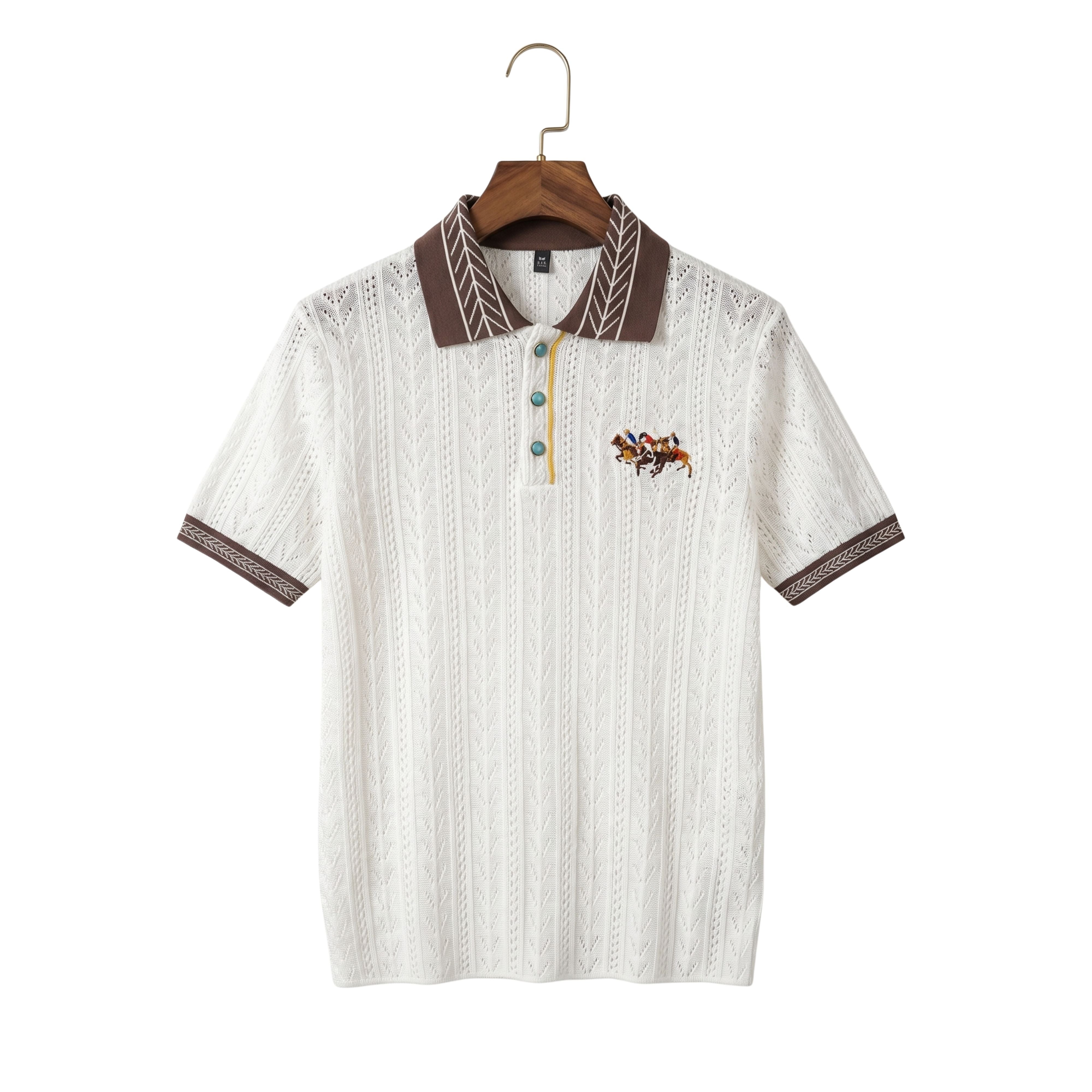Front studio view of a men's smart casual hollowed-out knit polo top in white featuring contrast brown collar details