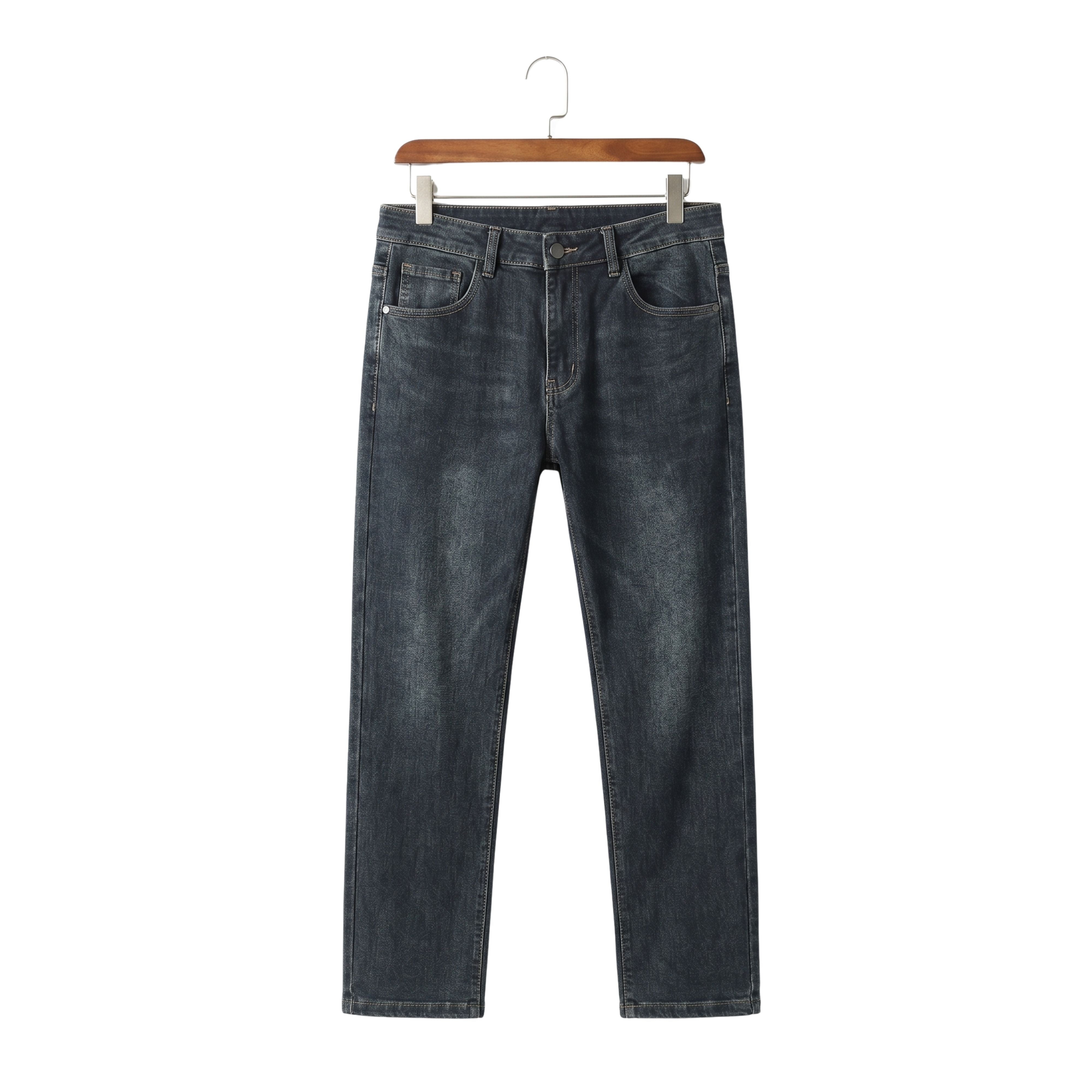 Smart casual midweight straight leg denim trousers in a dark vintage snow wash hanging on a wooden clothes hanger