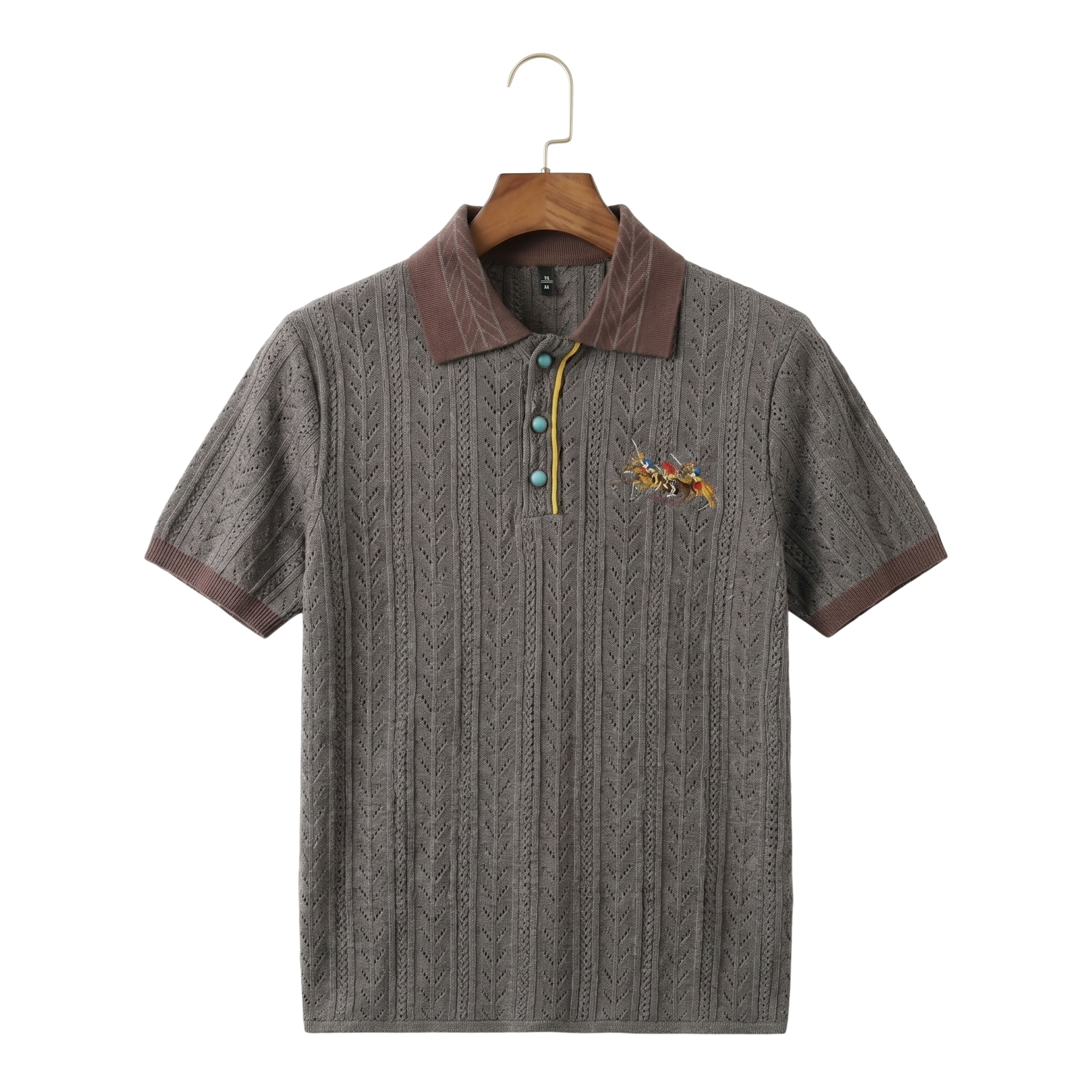 Front studio view of a men's breathable geometric hollowed-out knit polo shirt in solid dark grey