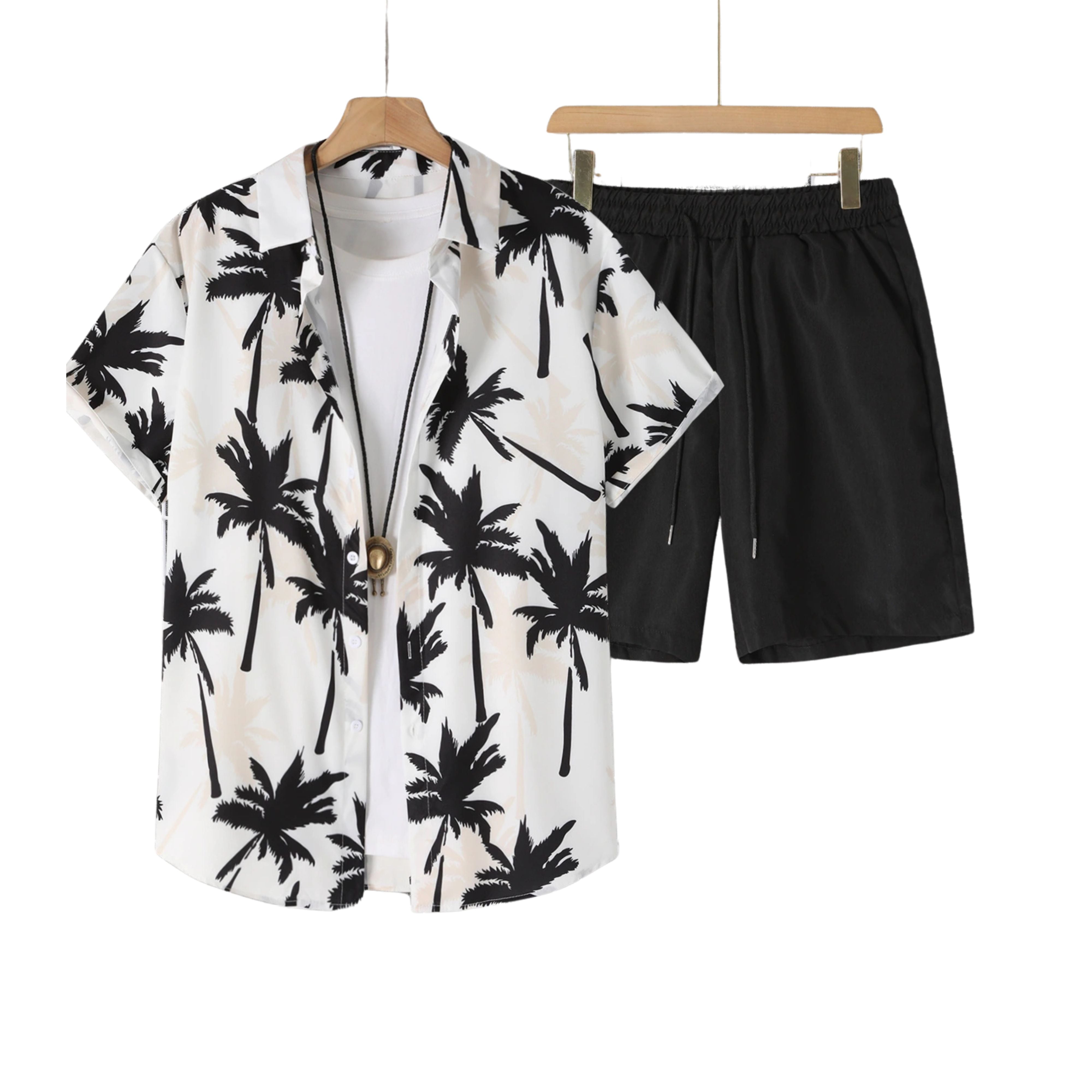 Men's Pacific Wave two-piece summer set featuring a white short-sleeve button-down shirt with a black palm tree print and matching black drawstring shorts