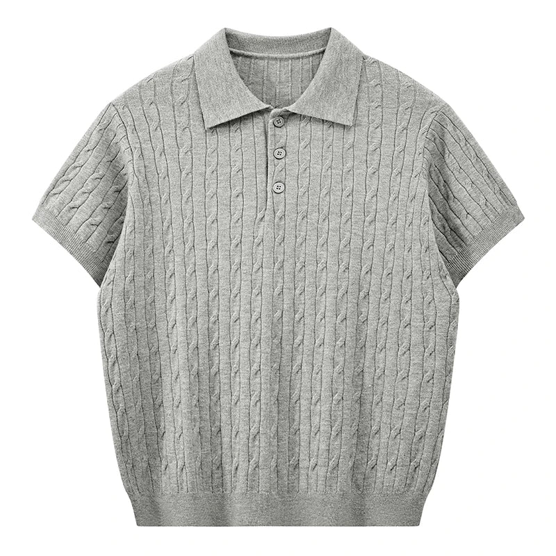 Front view of a medium grey melange men's short-sleeve cable knit polo shirt with light grey buttons against a white background.
