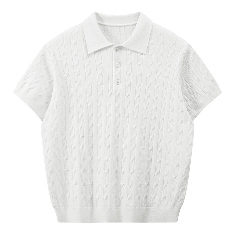 Front view of an optical white men's short-sleeve cable knit polo shirt with matching white buttons.