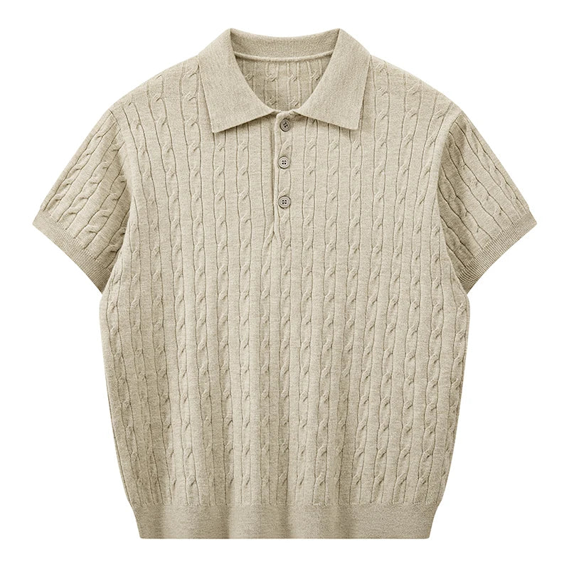 Front view of a sand beige men's short-sleeve cable knit polo shirt with light brown buttons against a white background.