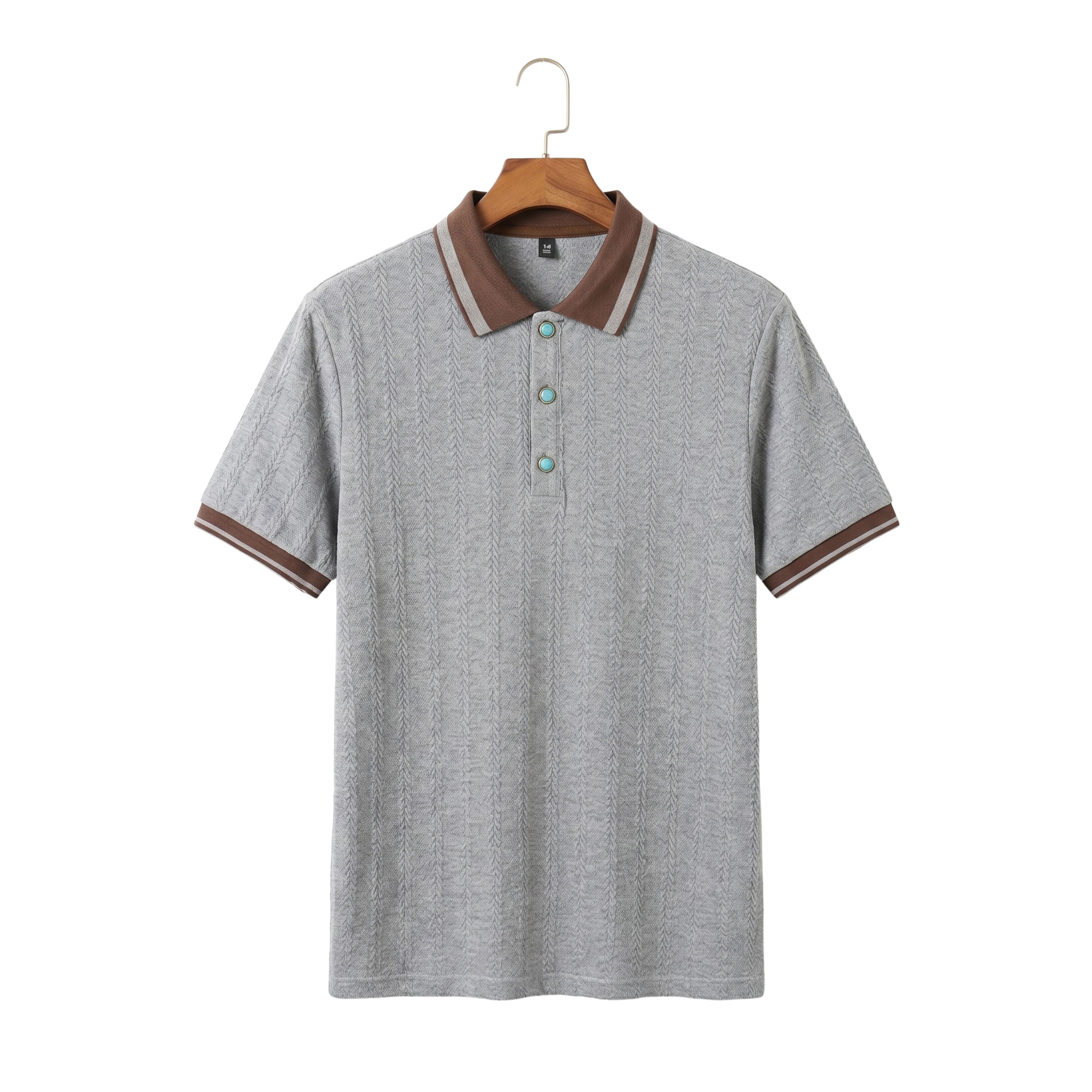 Front studio view of a men's breathable jacquard knitted short sleeve polo top in heather grey