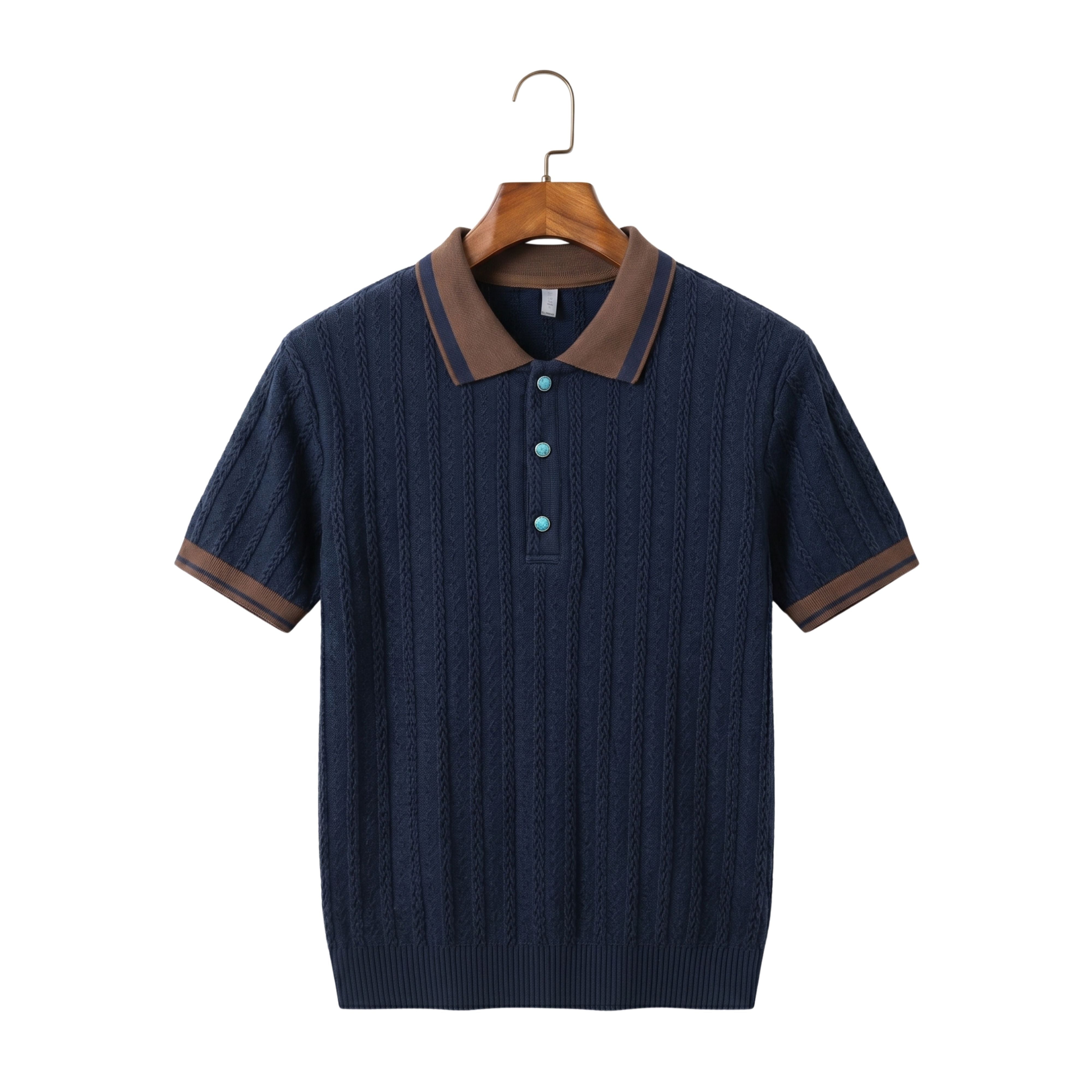 Front studio view of a men's short-sleeve jacquard knitted polo shirt in navy blue with a brown contrast collar