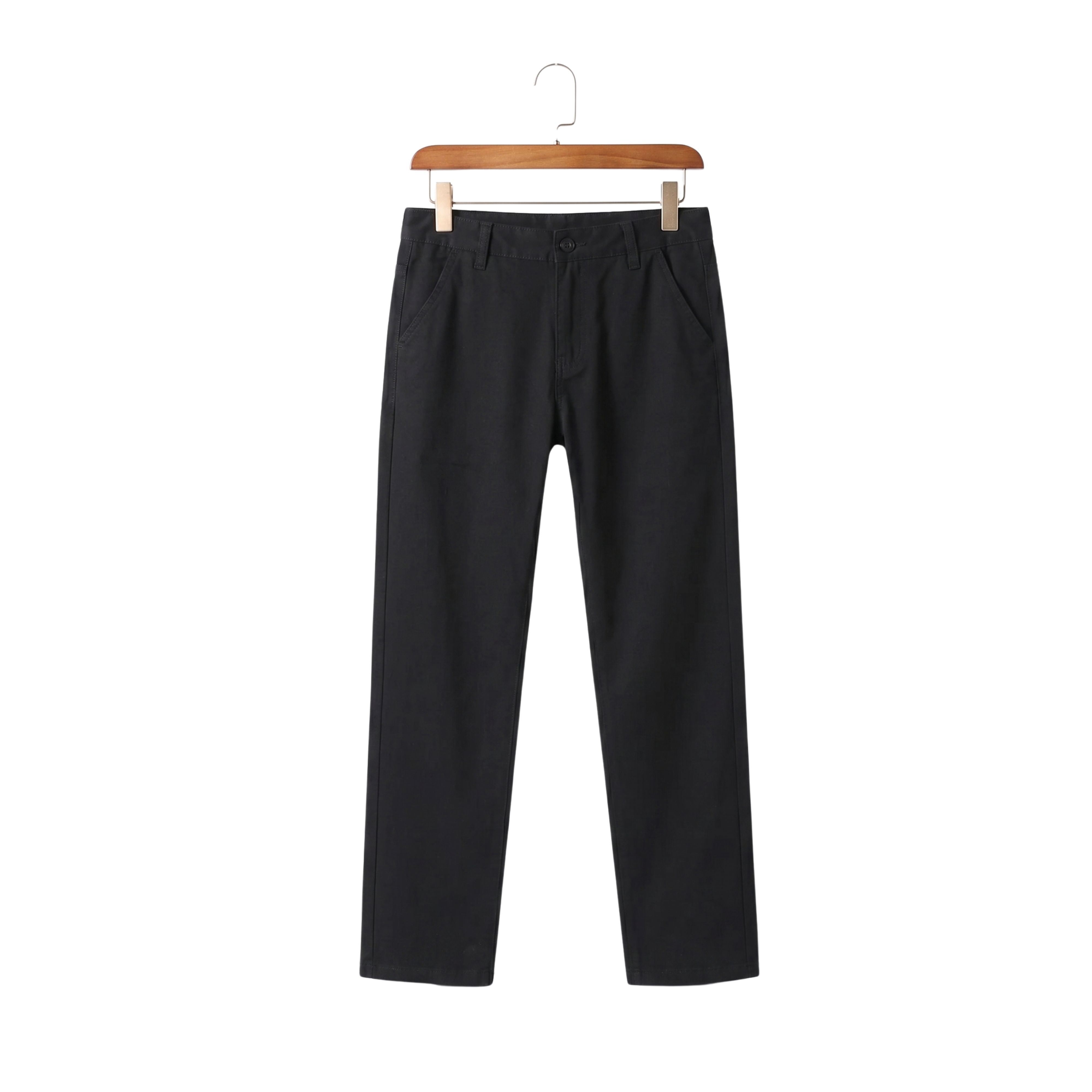 Men's Seoul Minimalist slim straight denim pants in solid black hanging on a wooden hanger against a clean white background