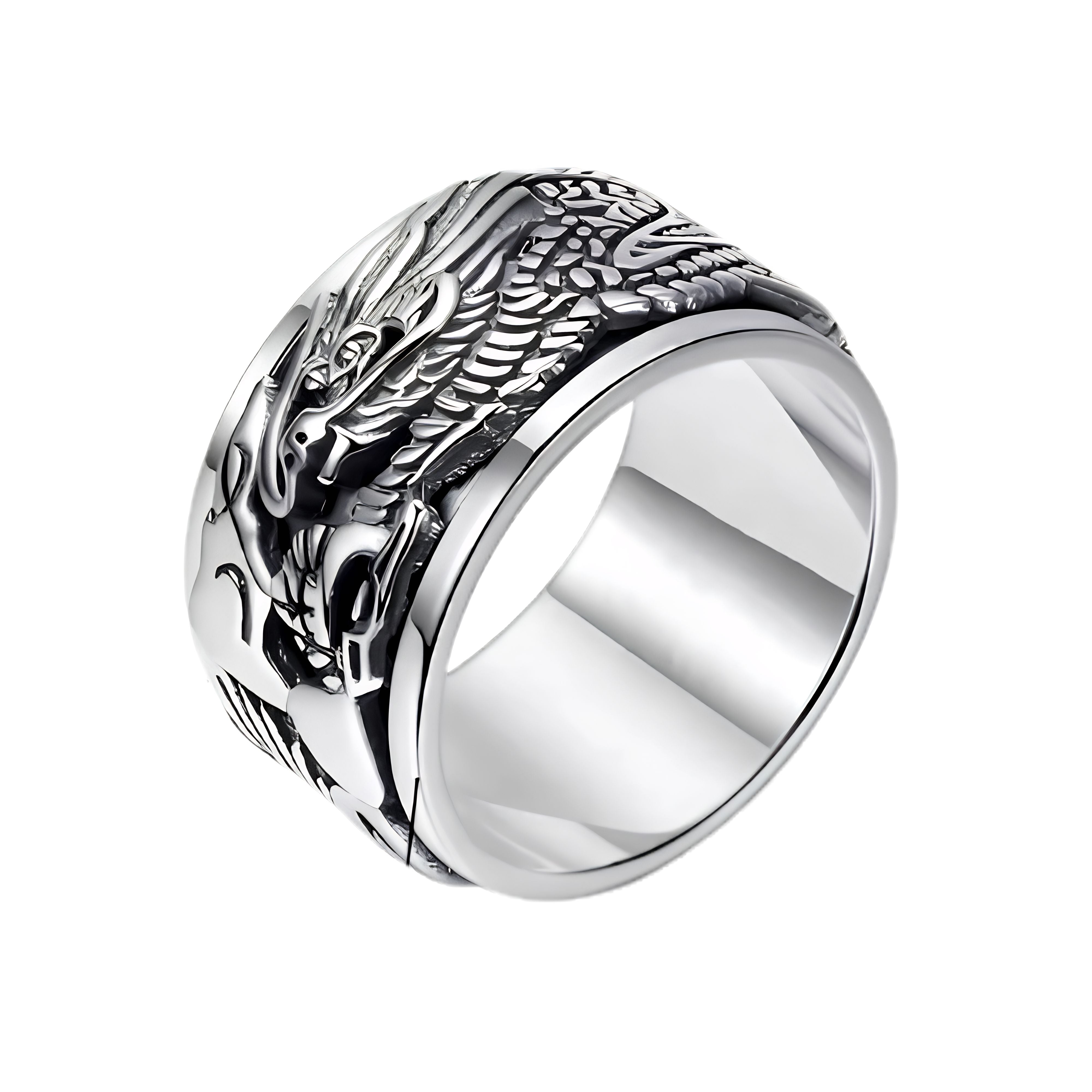 Wide men's silver spinner ring featuring a detailed 3D oxidized Chinese dragon design on a white background.