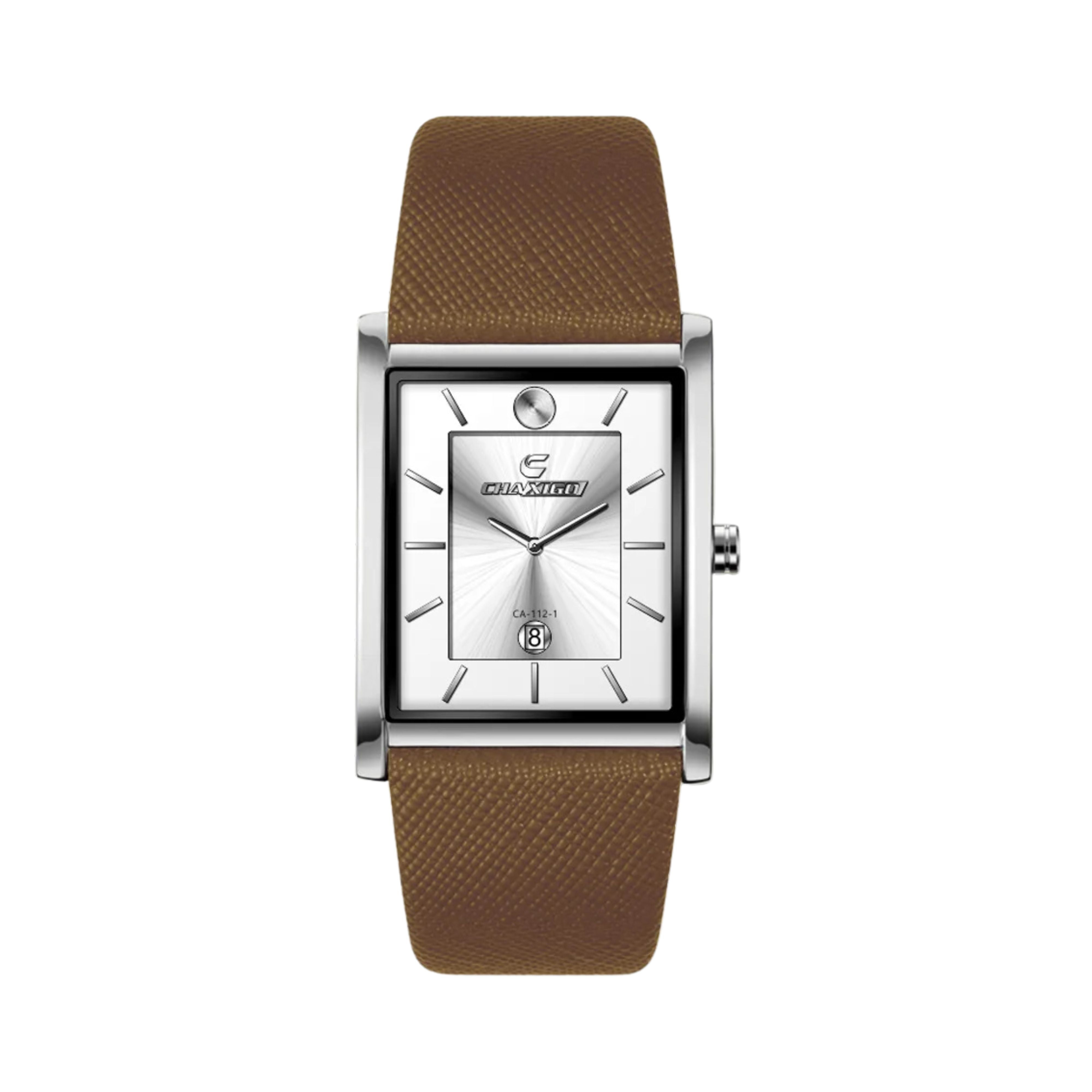 Men's silver rectangular watch featuring a classic white dial, diamond index, and light brown leather strap.