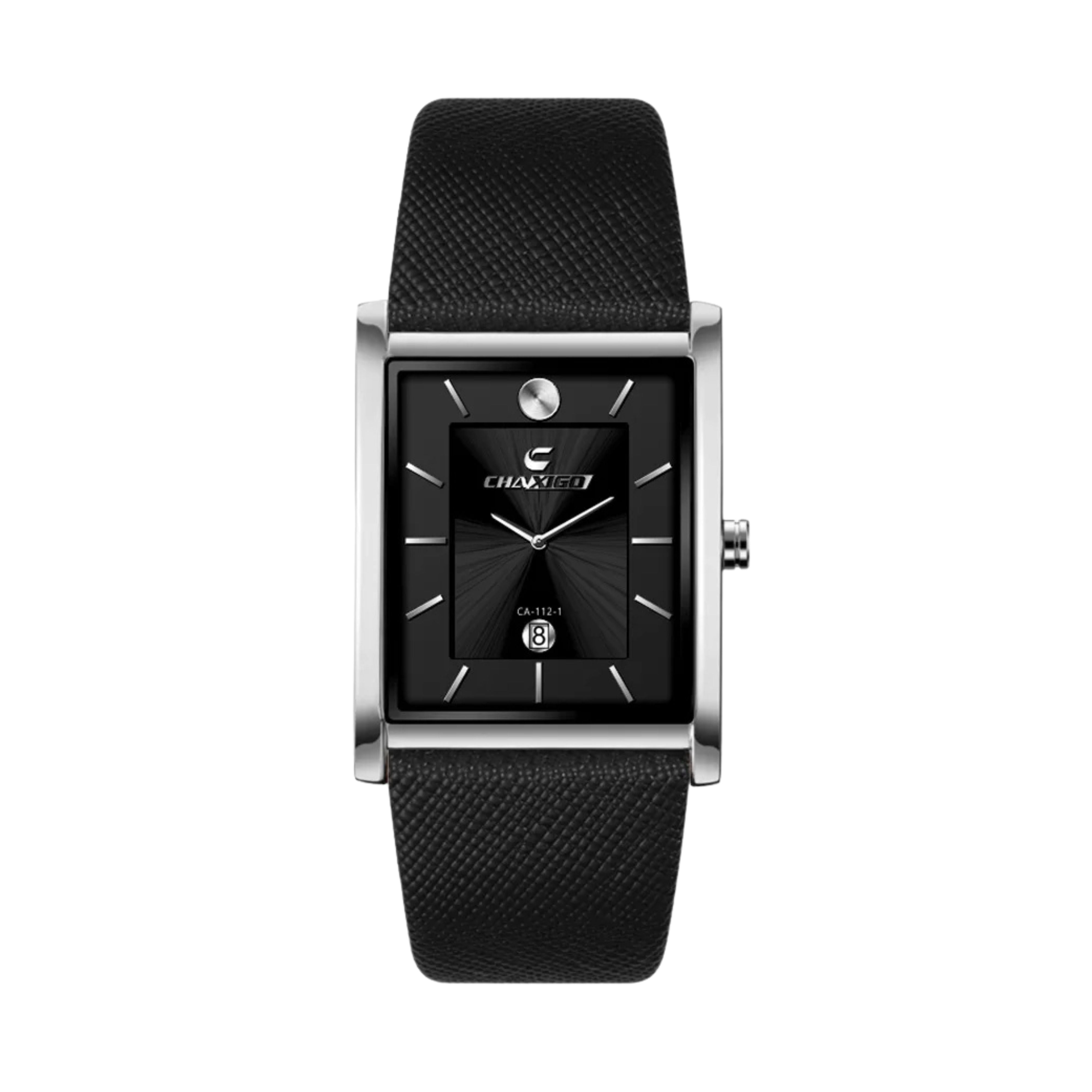 Men's silver tank style watch featuring a black dial, date display, diamond accent at 12 o'clock, and black leather strap.