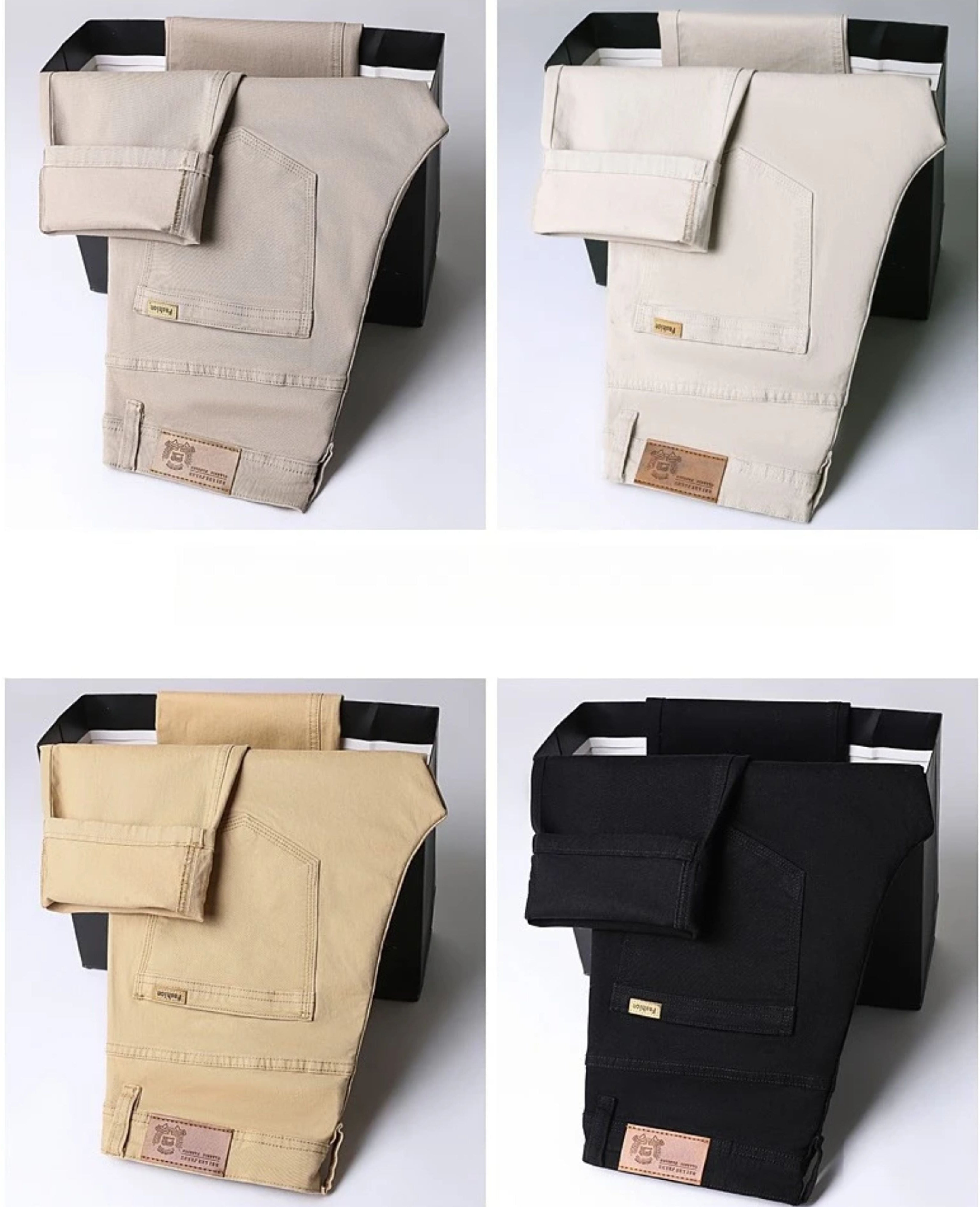 Studio catalog display presenting four folded pairs of the minimalist daily trousers in beige, off-white, khaki, and solid black