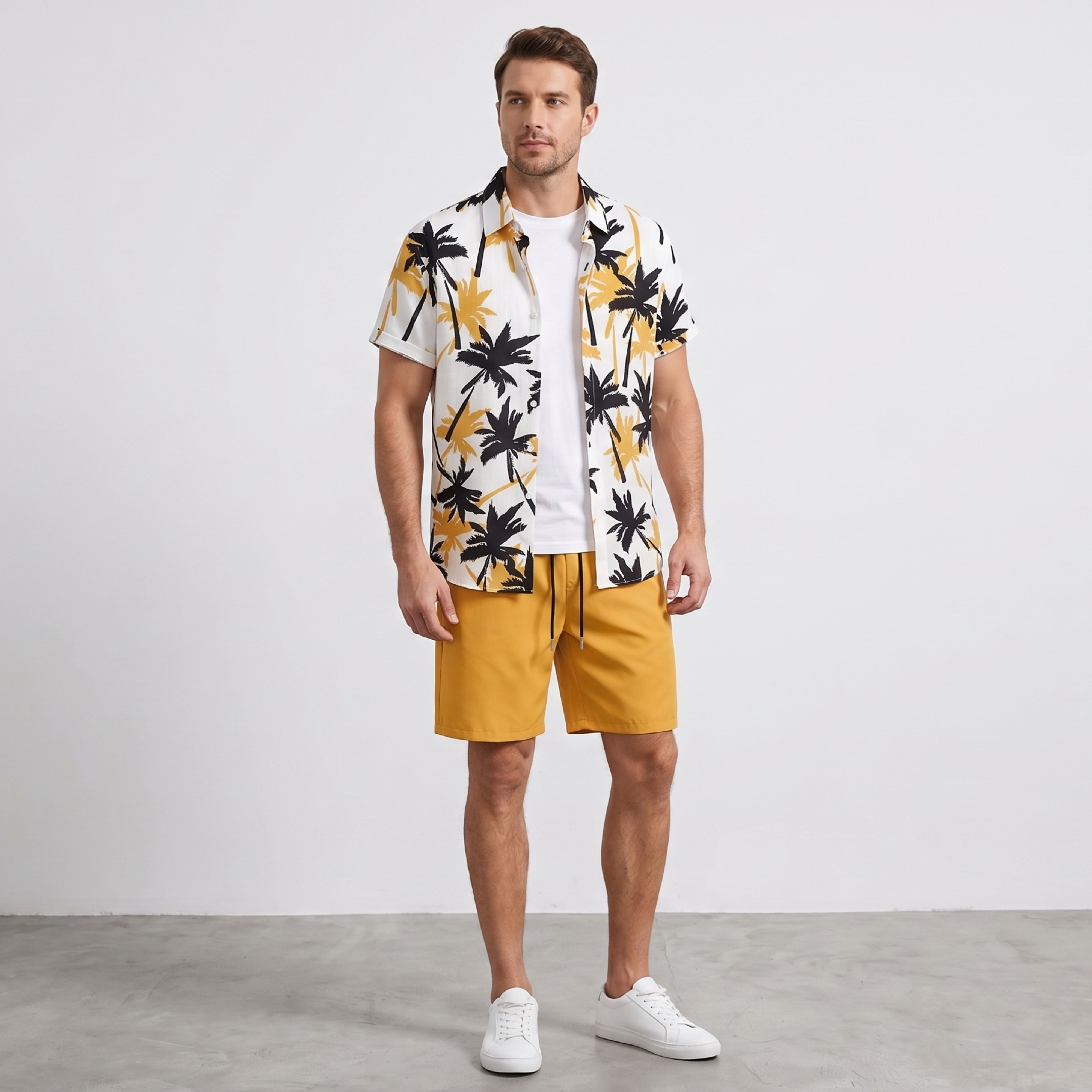 Front studio view of a male model wearing the thin, lightweight short-sleeve palm tree shirt open over a white tee with matching mustard yellow shorts