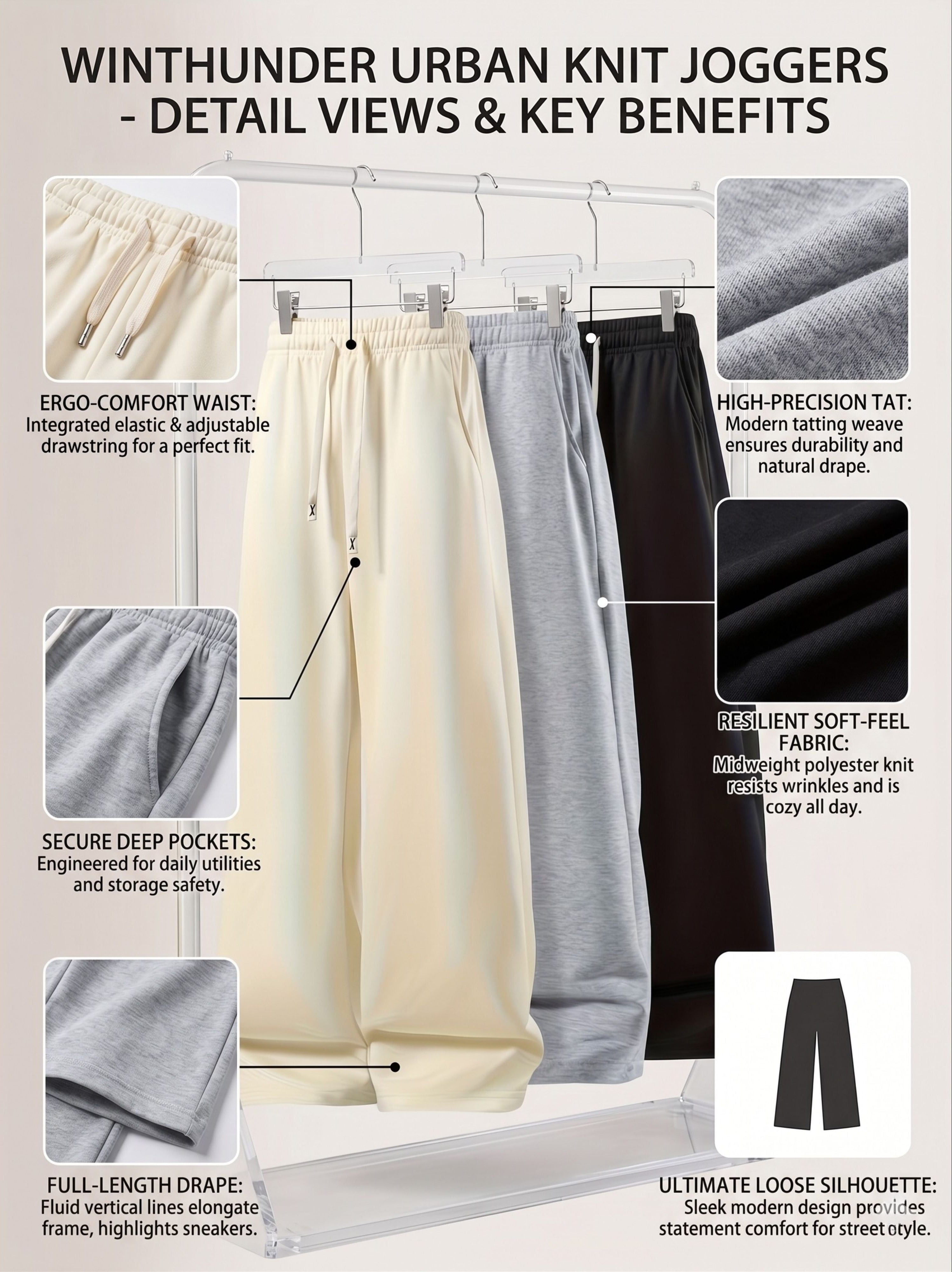 An e-commerce features diagram titled Winthunder Urban Knit Joggers Detail Views and Key Benefits, showing the soft midweight fabric layout