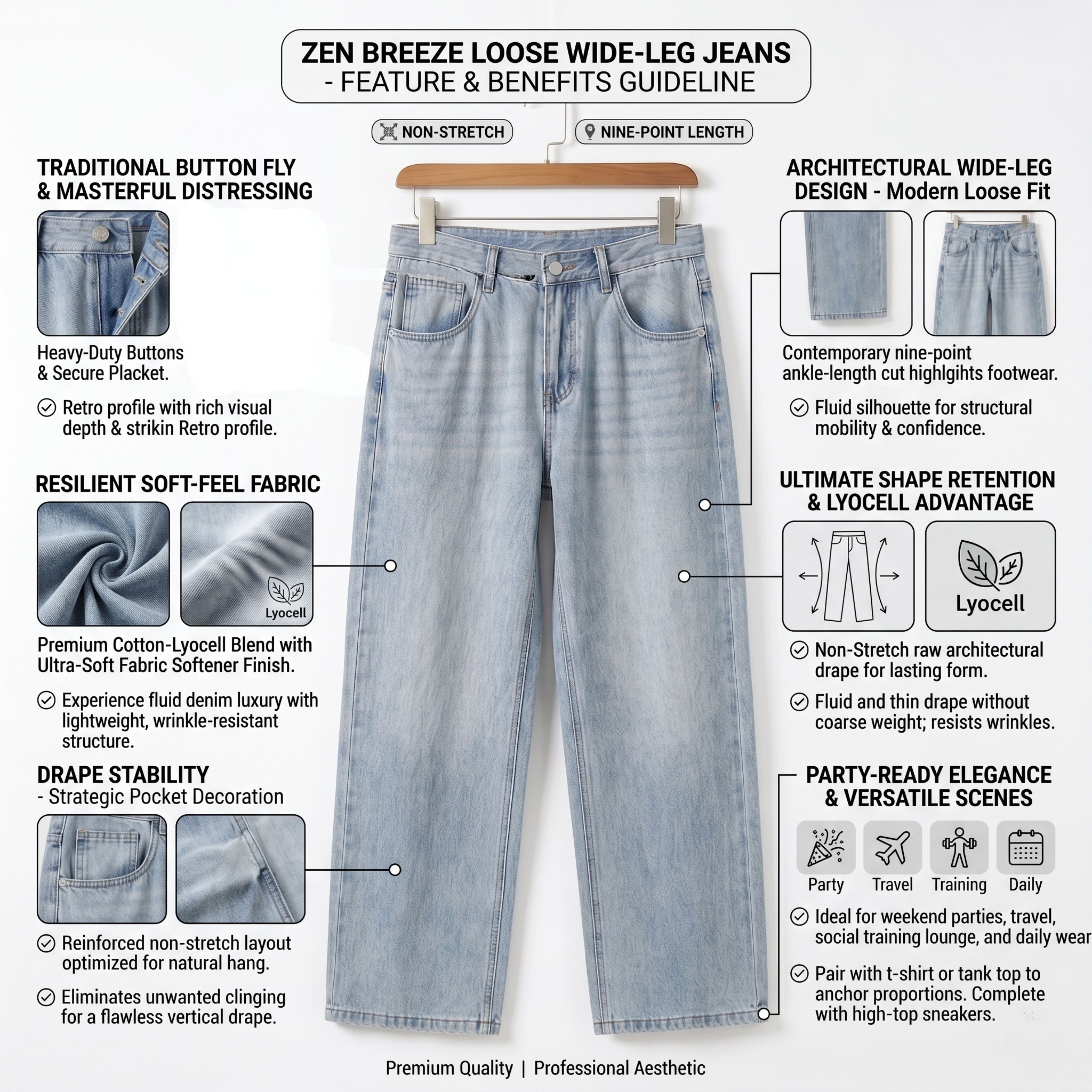 Product feature diagram highlighting the soft fabric texture, secure button fly, traditional button finish, and relaxed wide-leg architectural silhouette