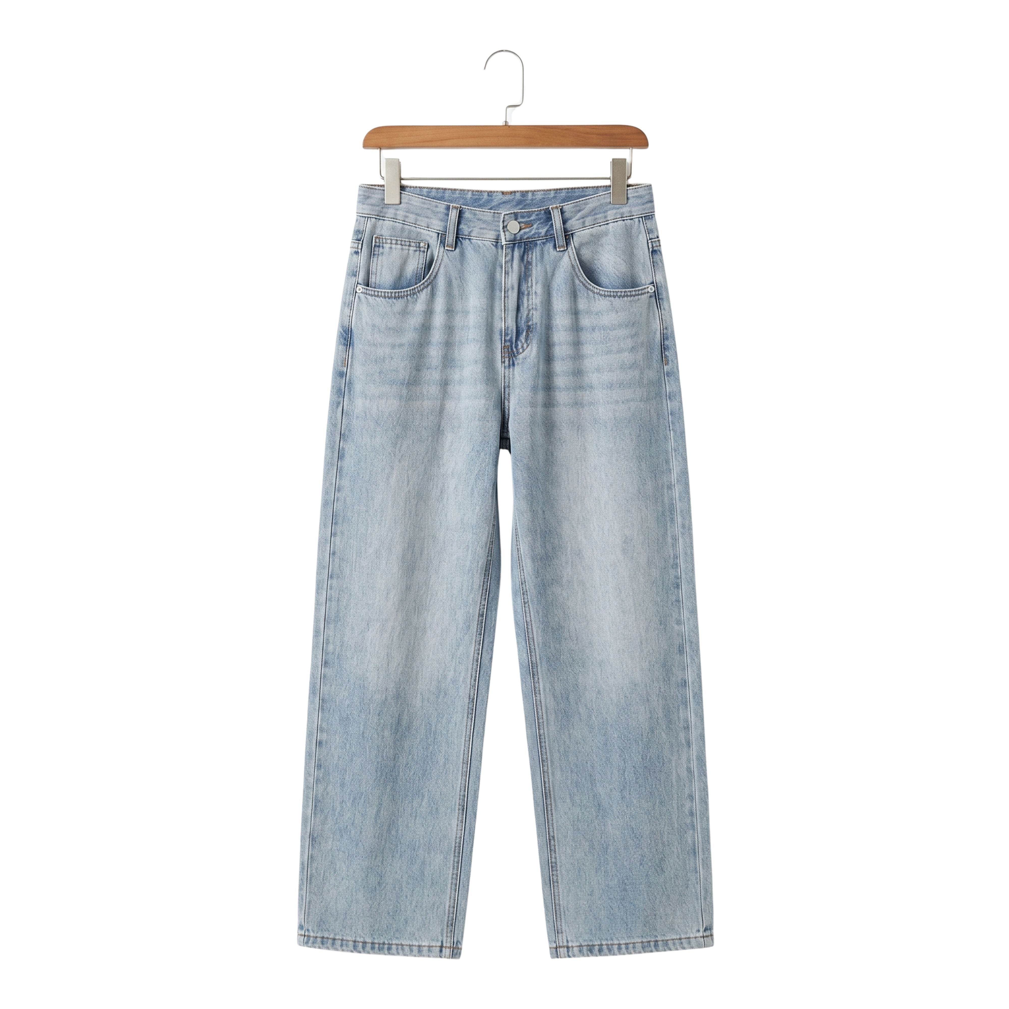 Men's Zen Breeze loose wide-leg straight jeans in distressed light wash blue denim hanging on a wooden hanger