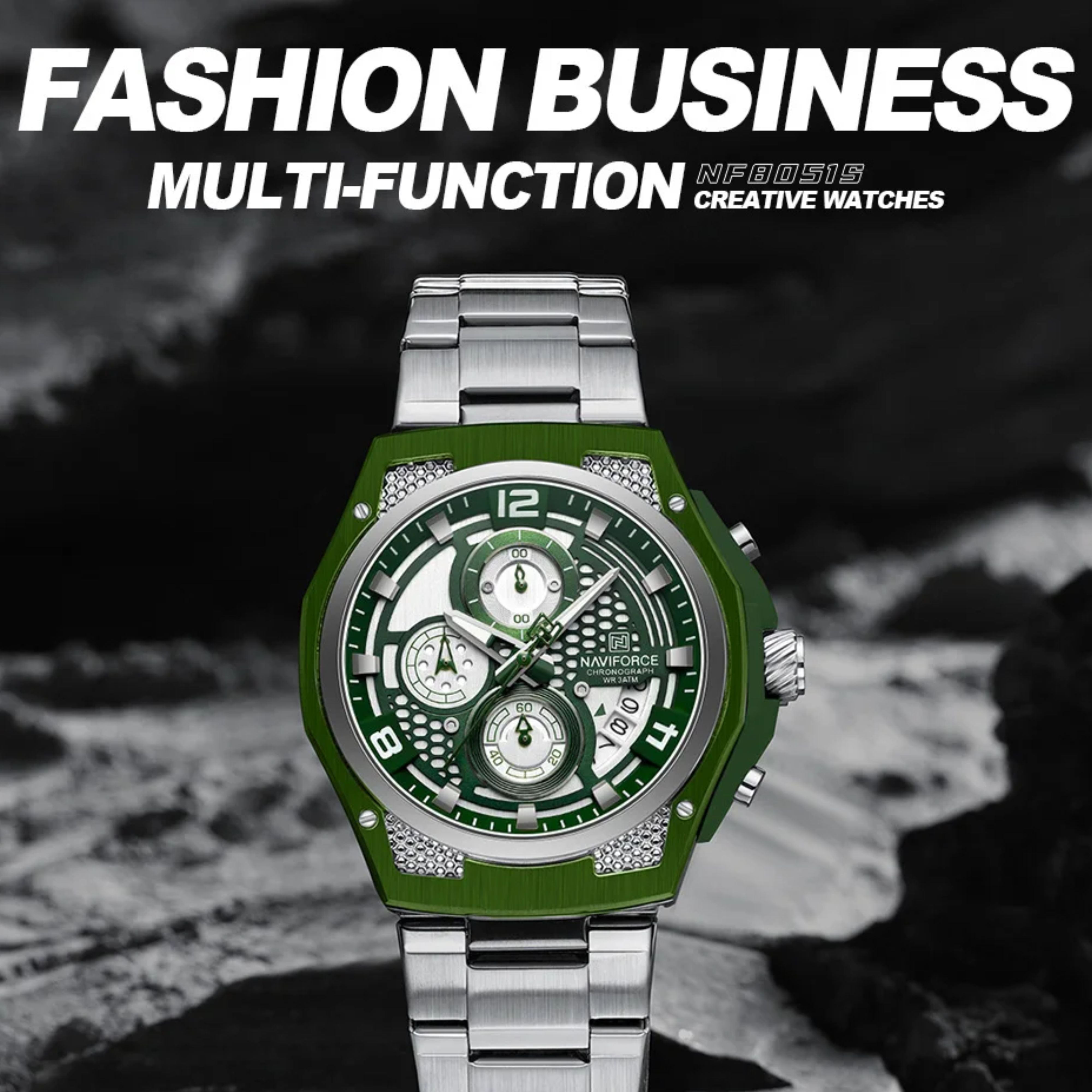 NAVIFORCE multi-function sport watch showing luxury business aesthetic on rugged terrain background