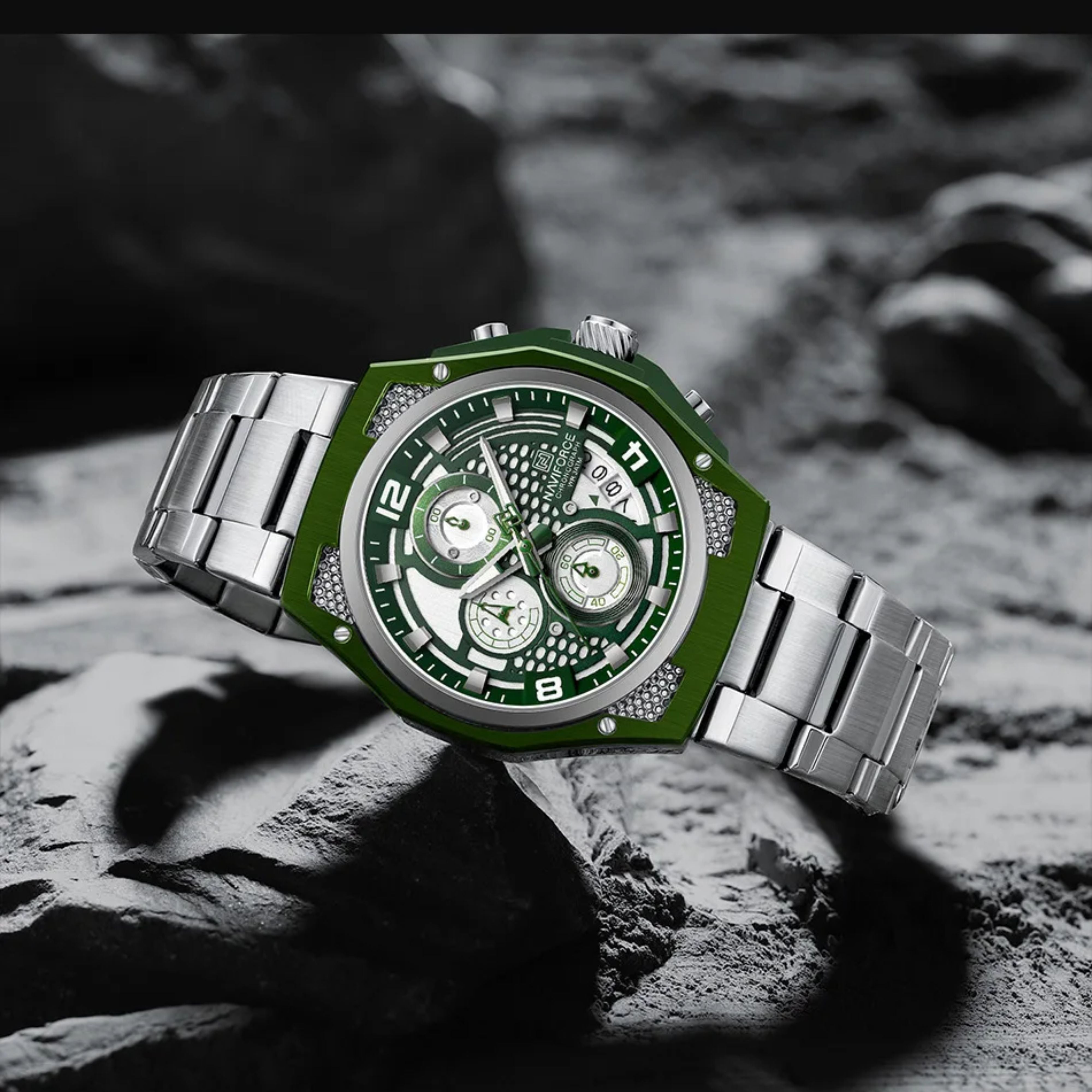 Rugged outdoor lifestyle display of NAVIFORCE tactical multi-function quartz watch on stone surface