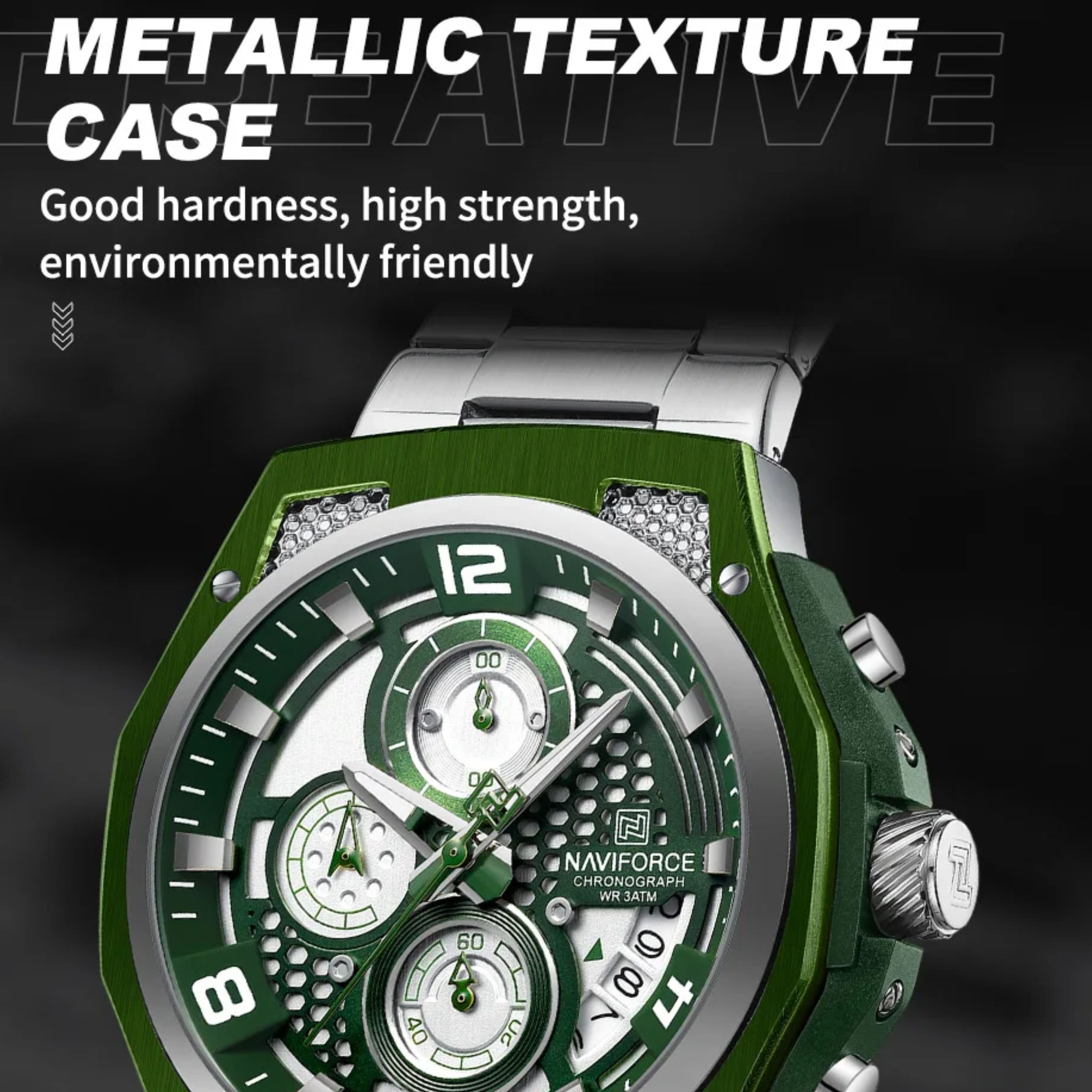 Close up details of NAVIFORCE high strength metallic texture watch case design