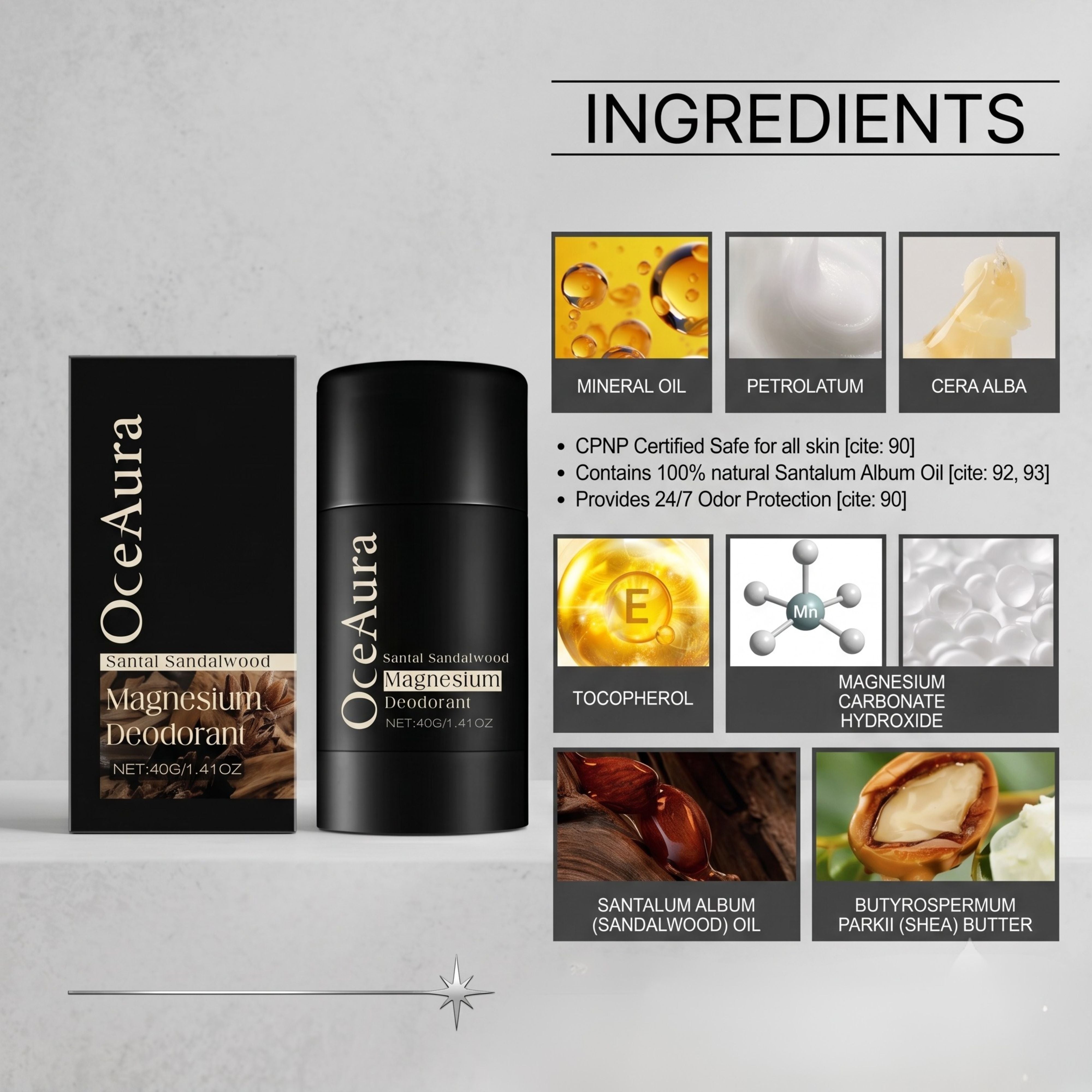 Infographic displaying natural ingredients of OceAura deodorant including shea butter, mineral salts, and plant extracts