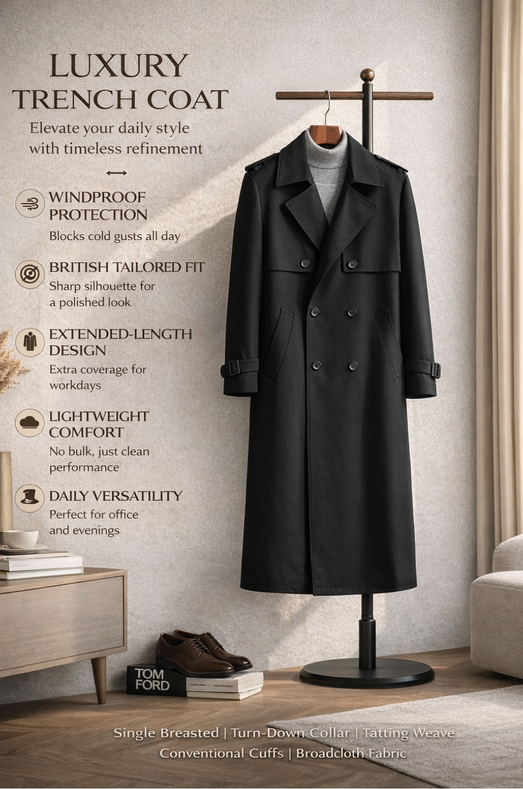 Infographic showing premium features and thermal lining details of men's long coat