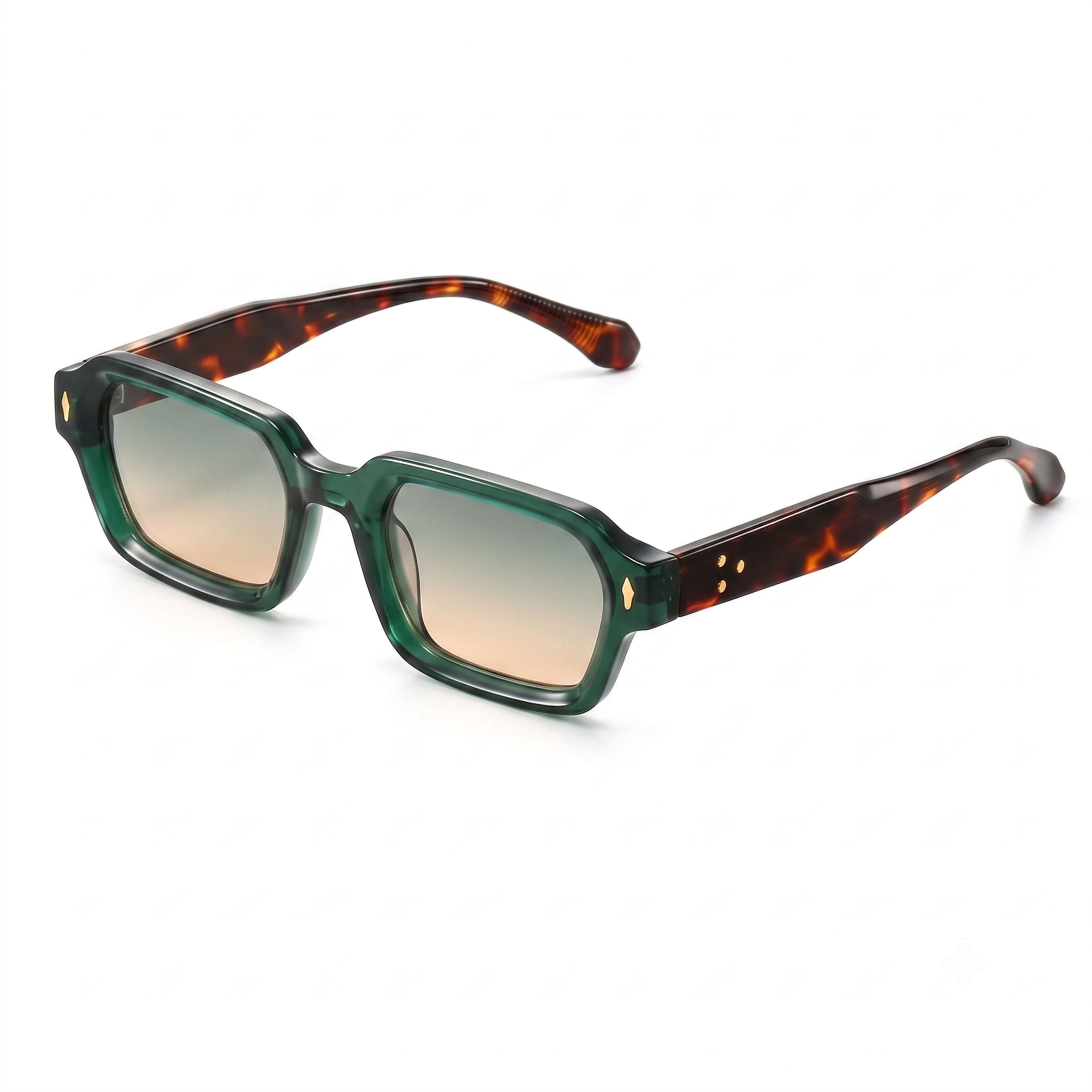 Retro chunky rectangular sunglasses with a translucent green front frame, tortoiseshell temples, and gradient tinted lenses.