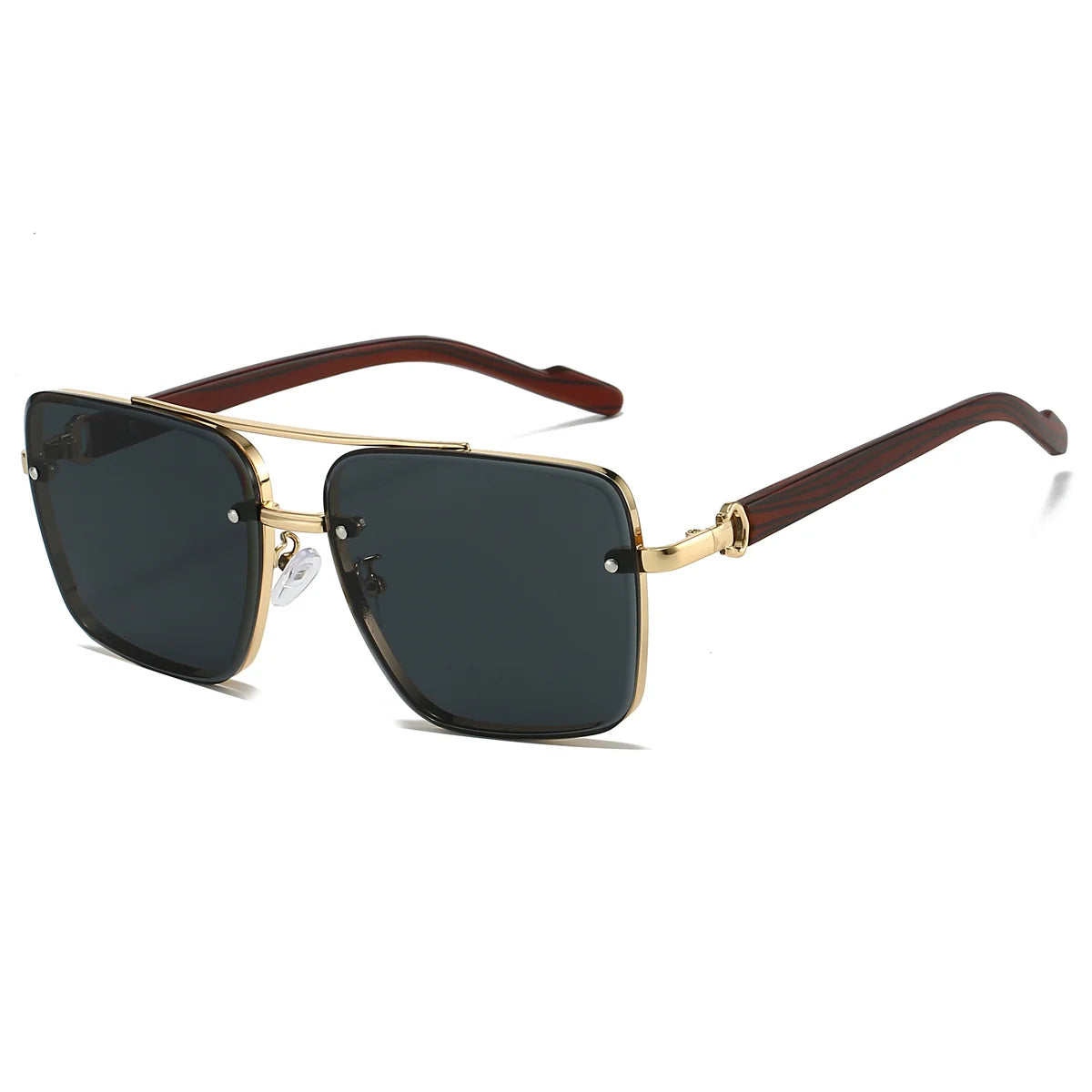 Retro square metal sunglasses with double bridge, wood temples, and solid black lenses.