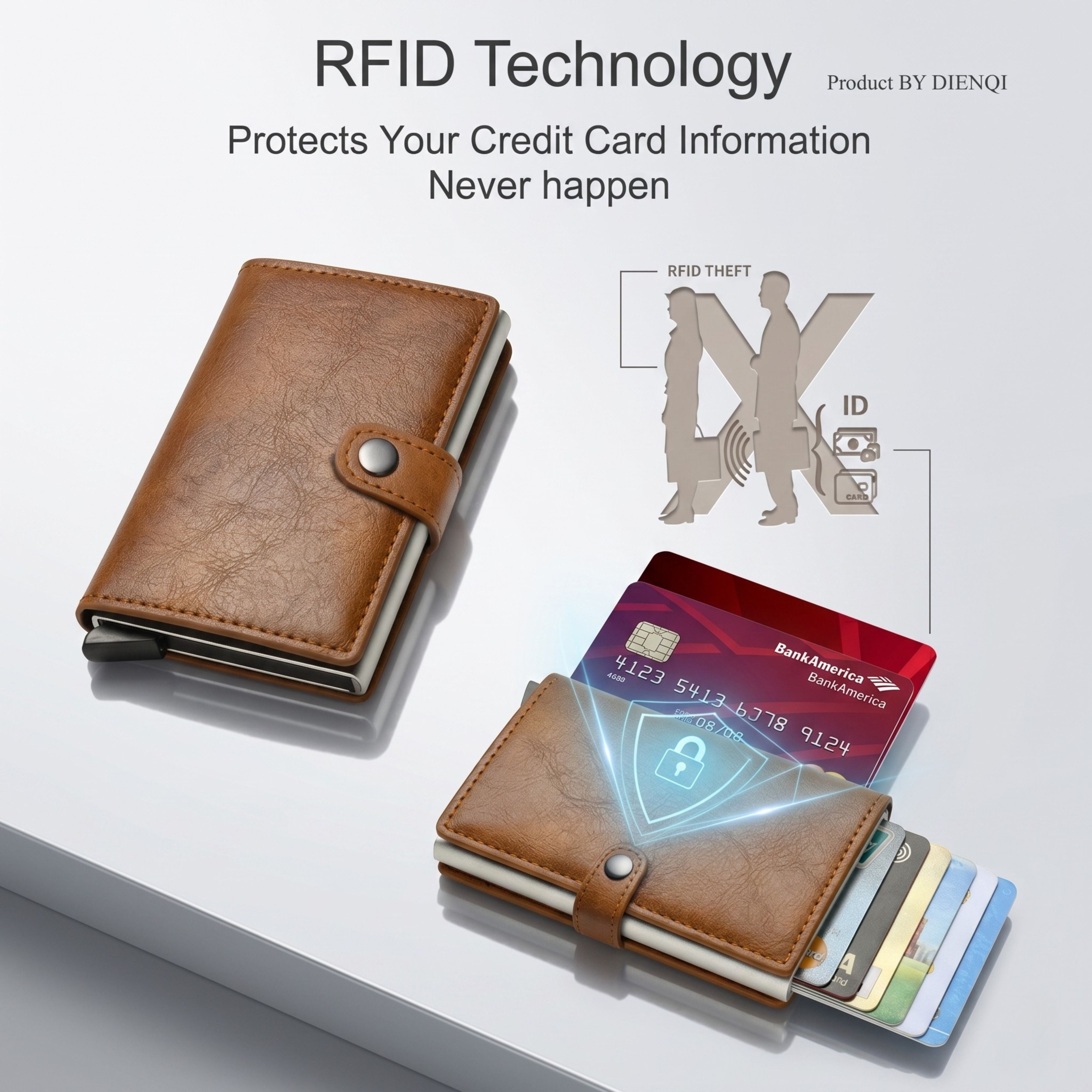 A data security infographic titled RFID Technology showing an open smart wallet deflecting wireless skimming signals away from its aluminum core