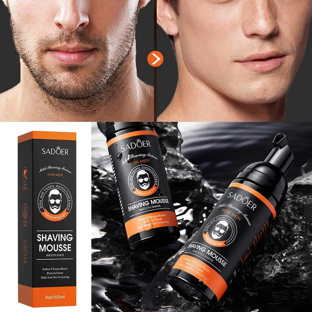 Before and after split screen showing a man's face with stubble versus perfectly smooth, clean-shaven skin next to the Sadoer mousse pack