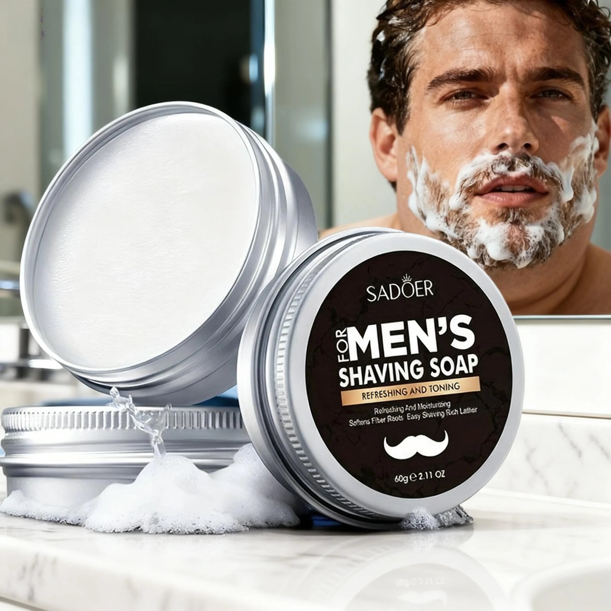 Sadoer shaving soap tin on a marble countertop with a blurred man applying rich shaving foam in the background