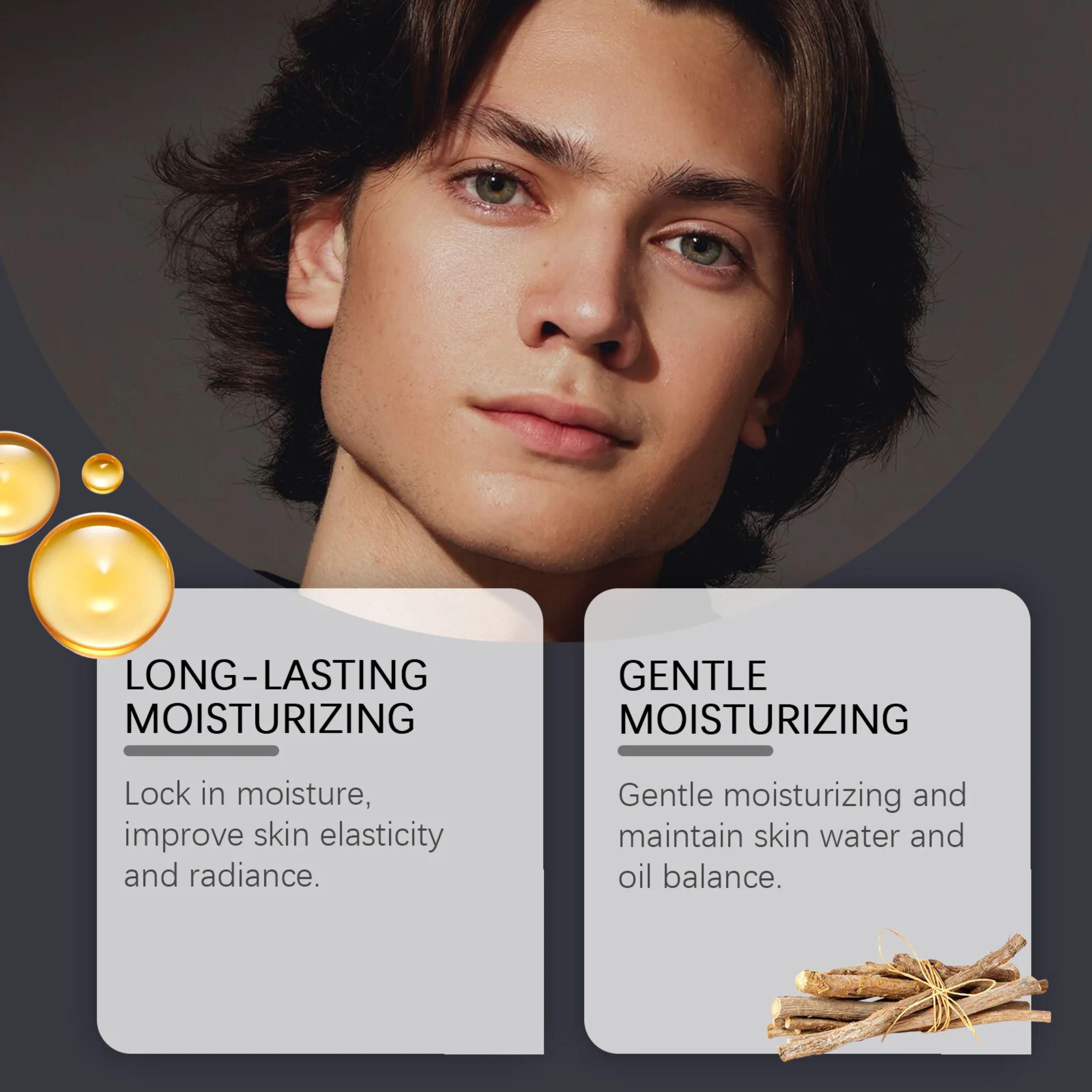 Infographic card showing sandalwood pieces alongside text for long-lasting moisturizing and gentle skin repair