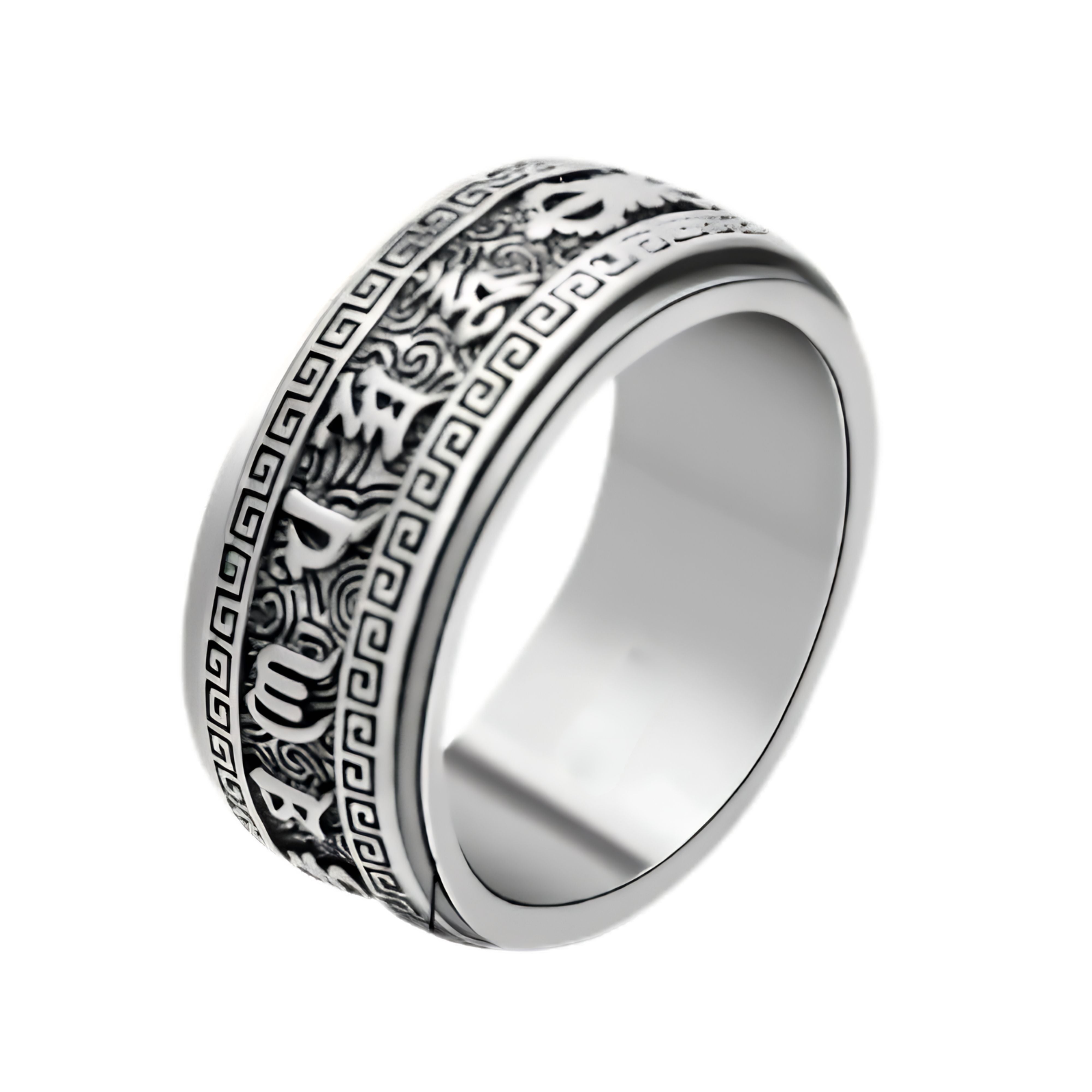 Silver Tibetan mantra ring with detailed engraved borders forming a rotatable anxiety band.
