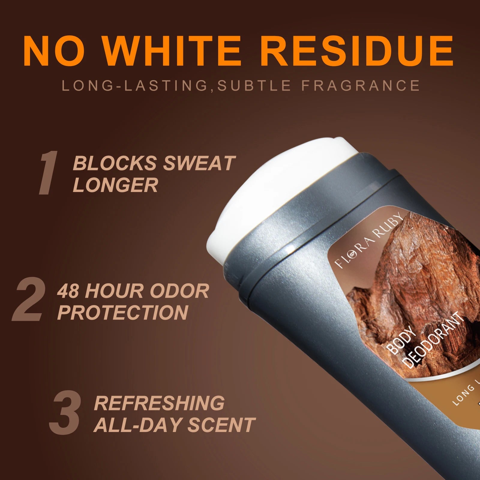 A hand holding up the sandalwood deodorant stick against a dark background with icons for 48h defense, fresh feeling, and skin-friendly formula