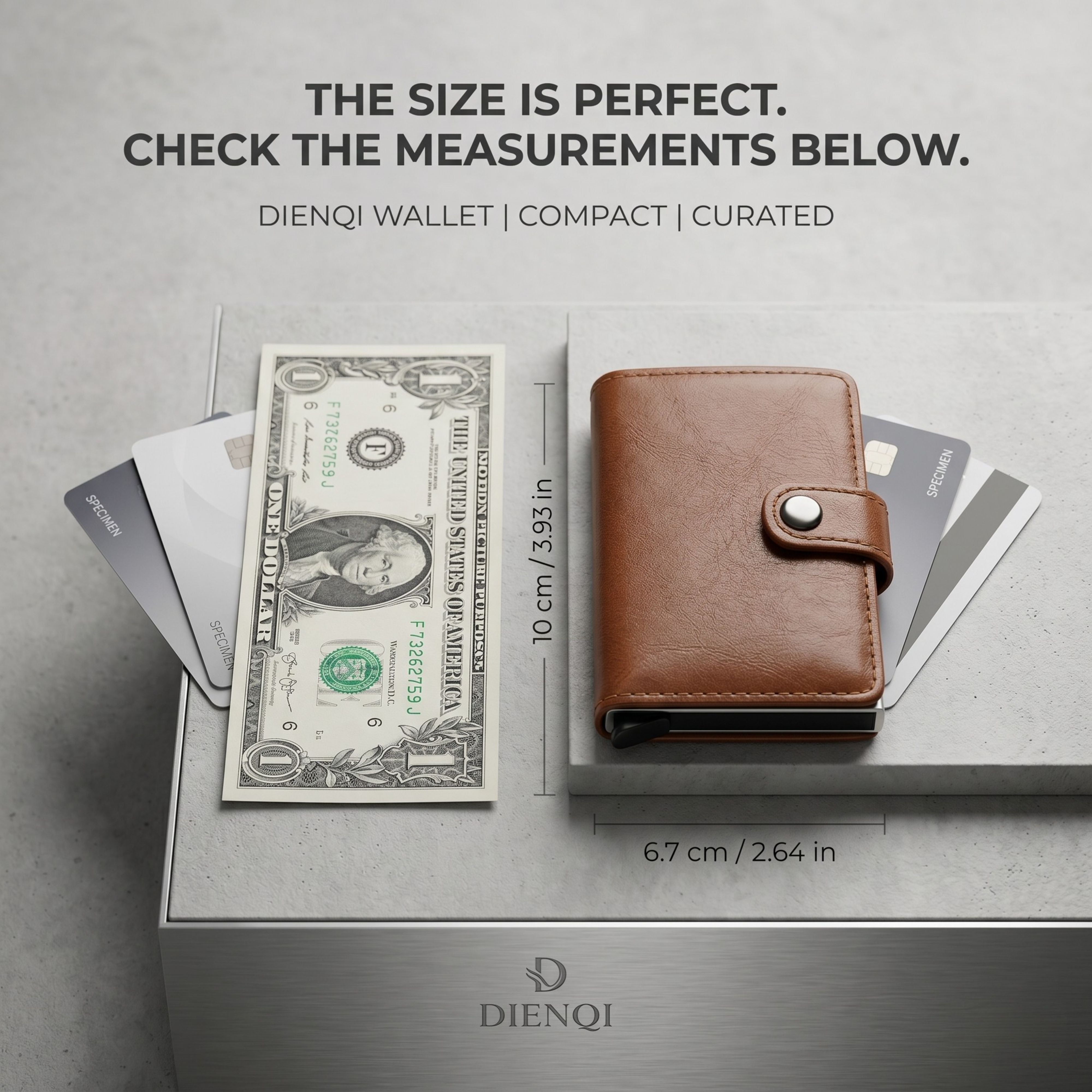 An e-commerce size comparison infographic showing a brown leather smart wallet next to a US one-dollar bill, captioned The Size Is Perfect