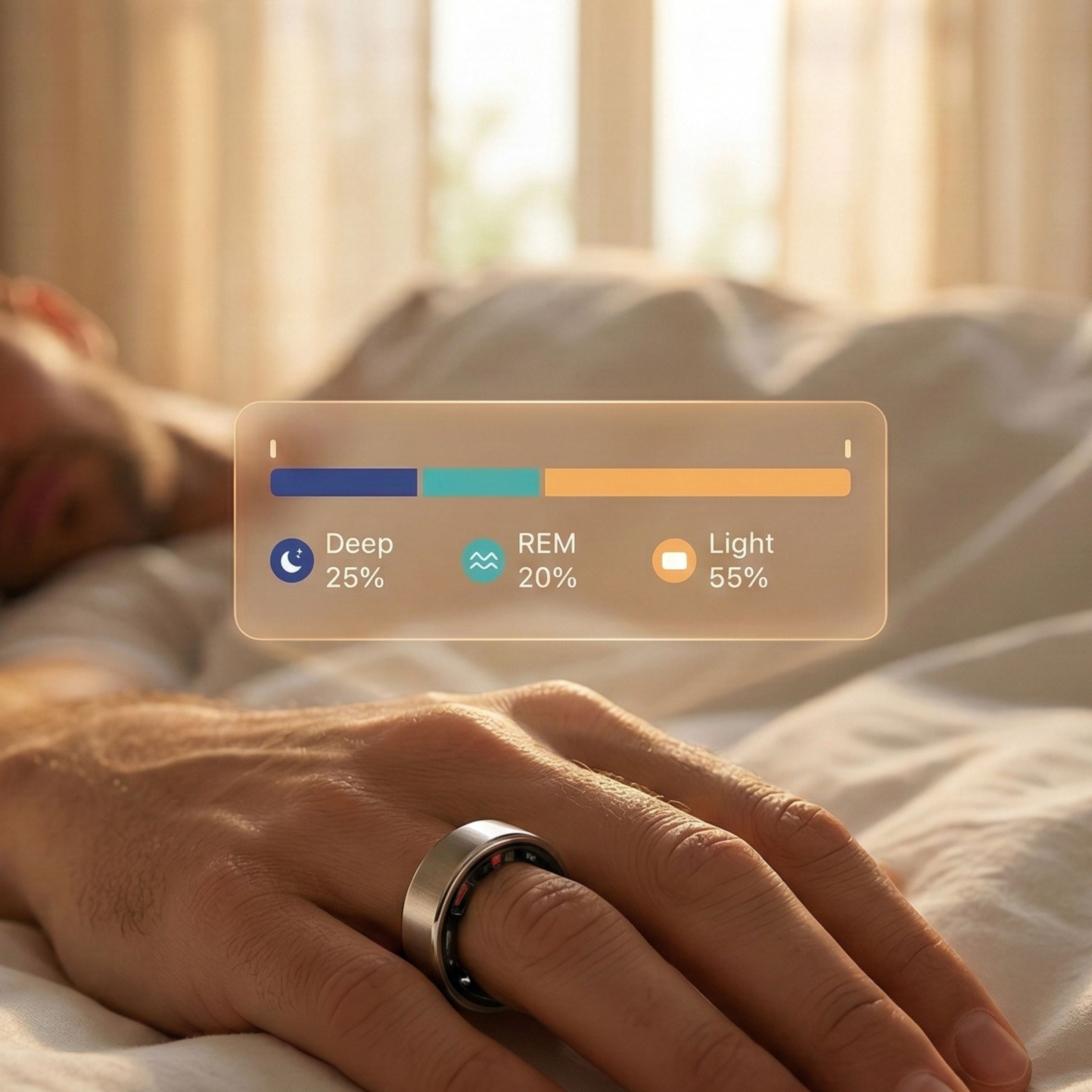 Smart health ring tracking deep sleep, REM cycles and sleep quality during nighttime rest