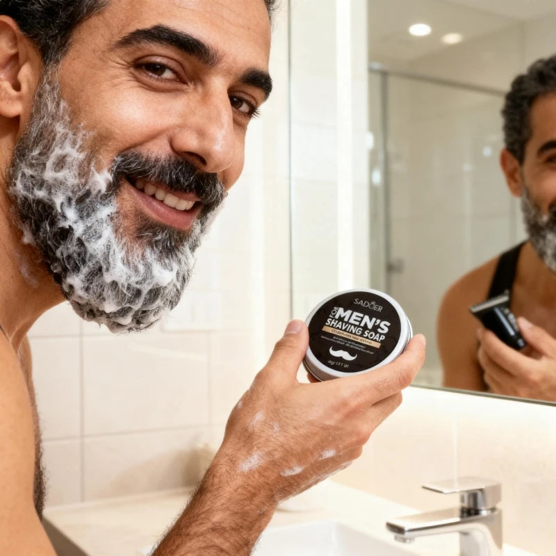 Happy man with thick white lather on his beard holding the Sadoer shaving soap tin in front of a bathroom mirror