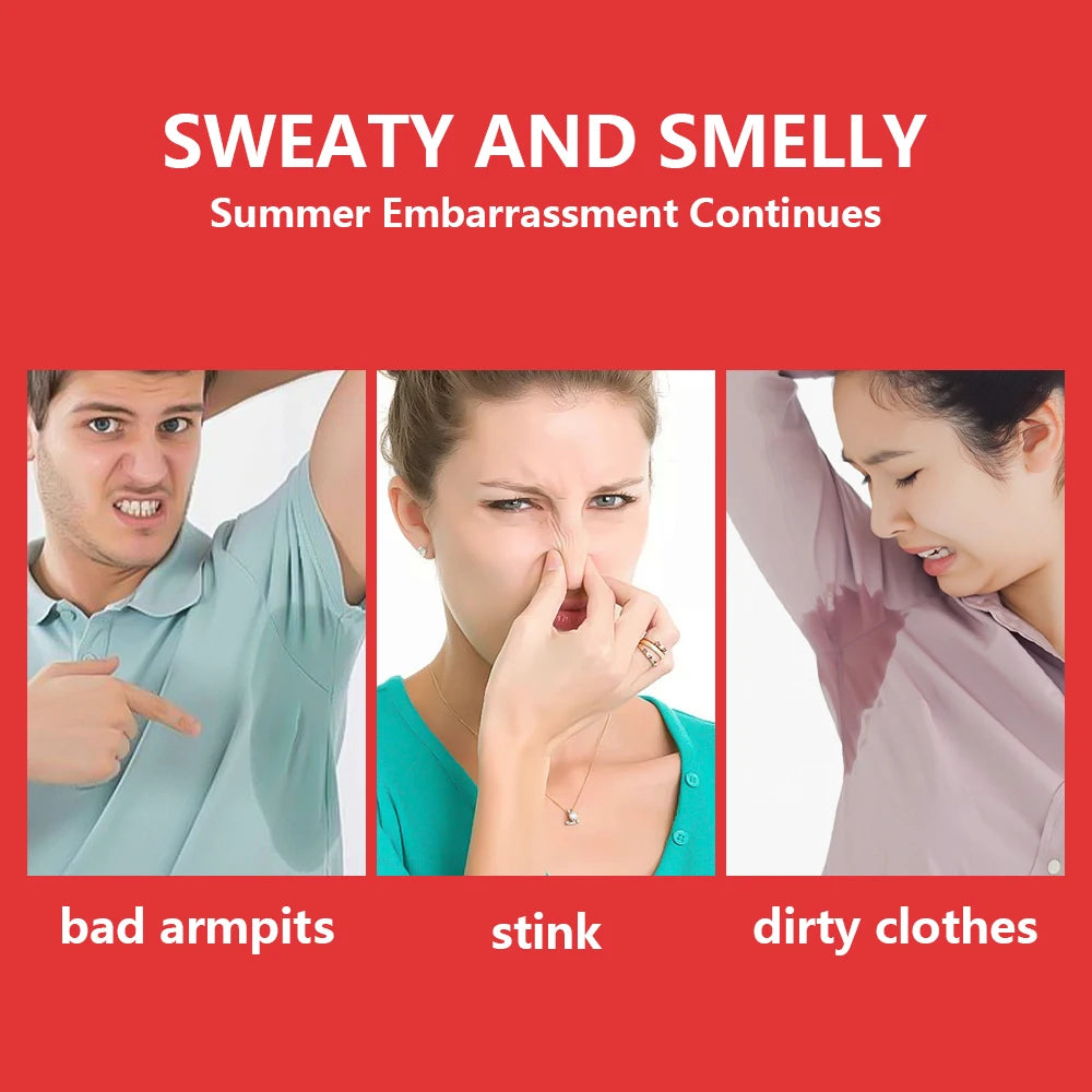 Infographic displaying common summer armpit sweat problems like bad odor, stink, and wet clothing spots