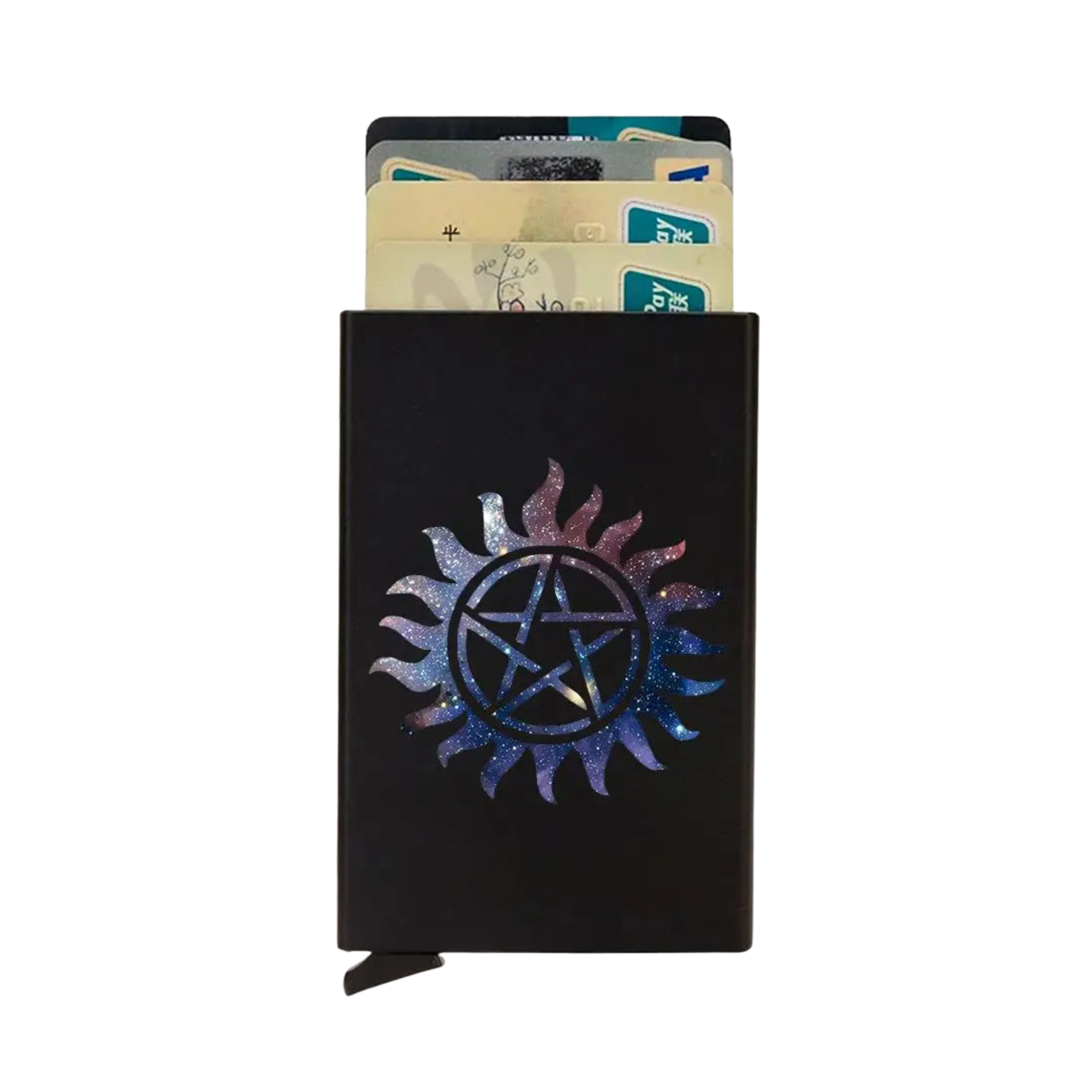 ZeAiLi slim card holder showing a vibrant blue and purple cosmic galaxy textured anti-possession pentagram symbol