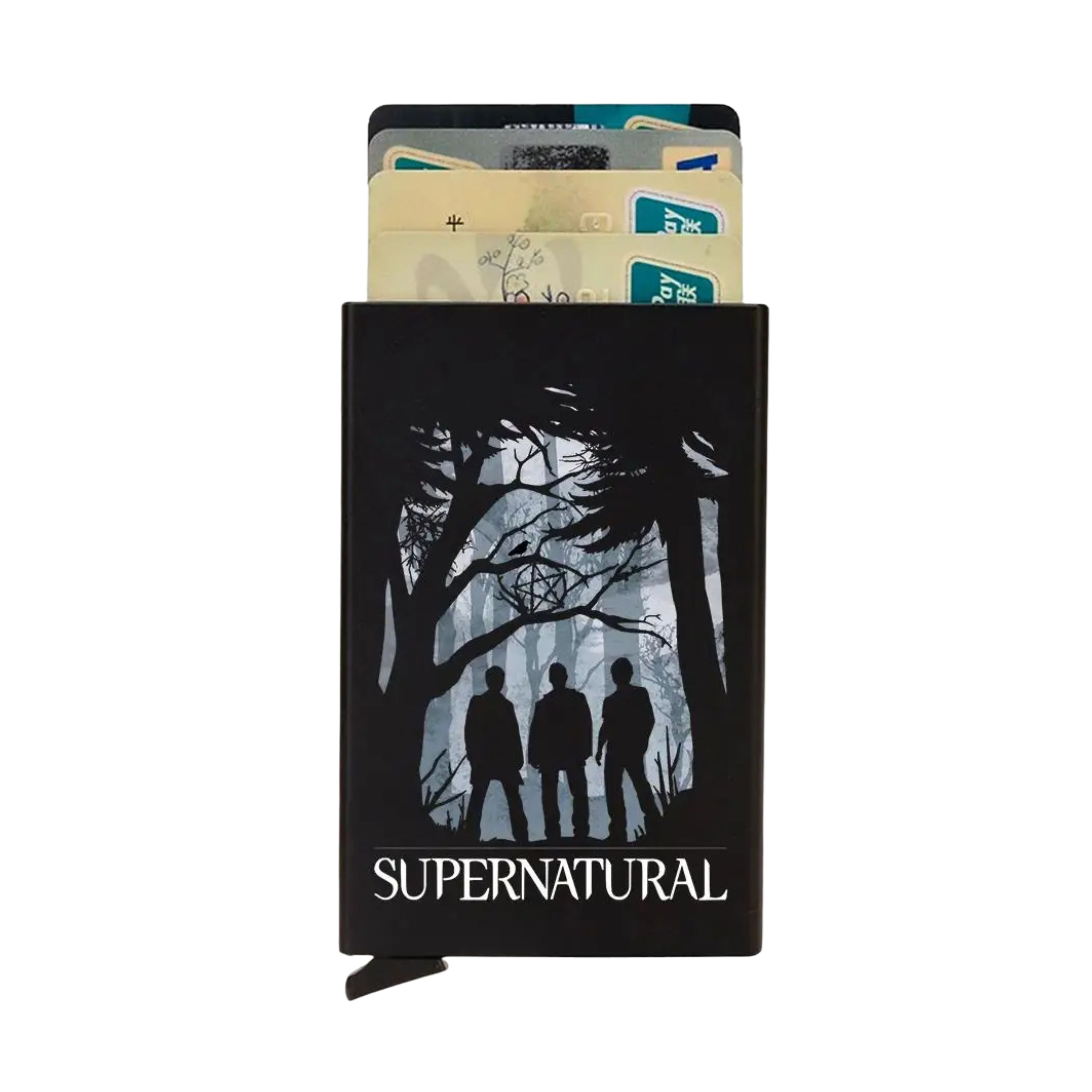 ZeAiLi credit card slide wallet detailed with a white graphic showing character silhouettes standing in spooky woods under a full moon